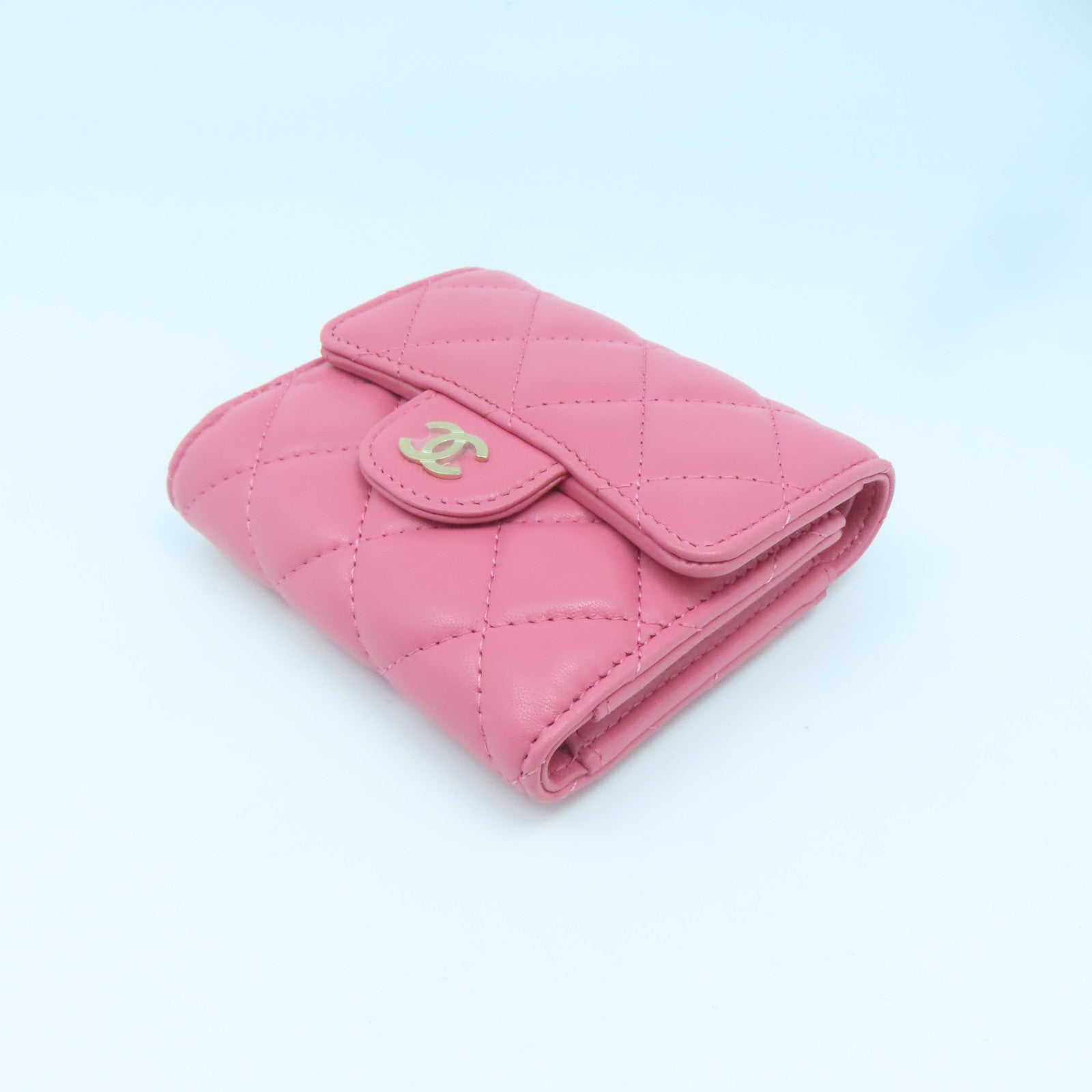 CHANEL 菱格羊皮皮革Wallet金扣钱包粉红色