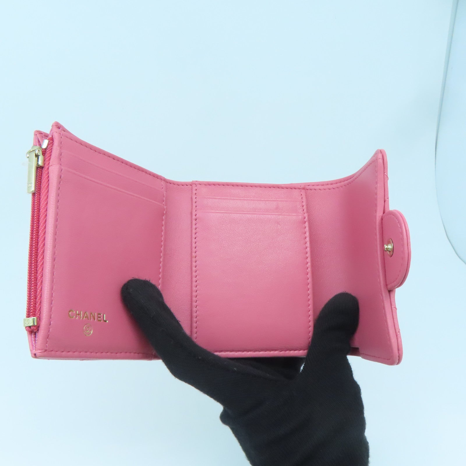 CHANEL 菱格羊皮皮革Wallet金扣钱包粉红色