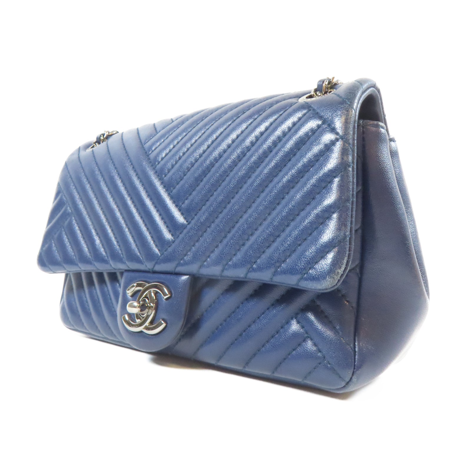 CHANEL 斜紋羊皮皮革Chain Shoulder銀扣鏈帶肩背袋藍色