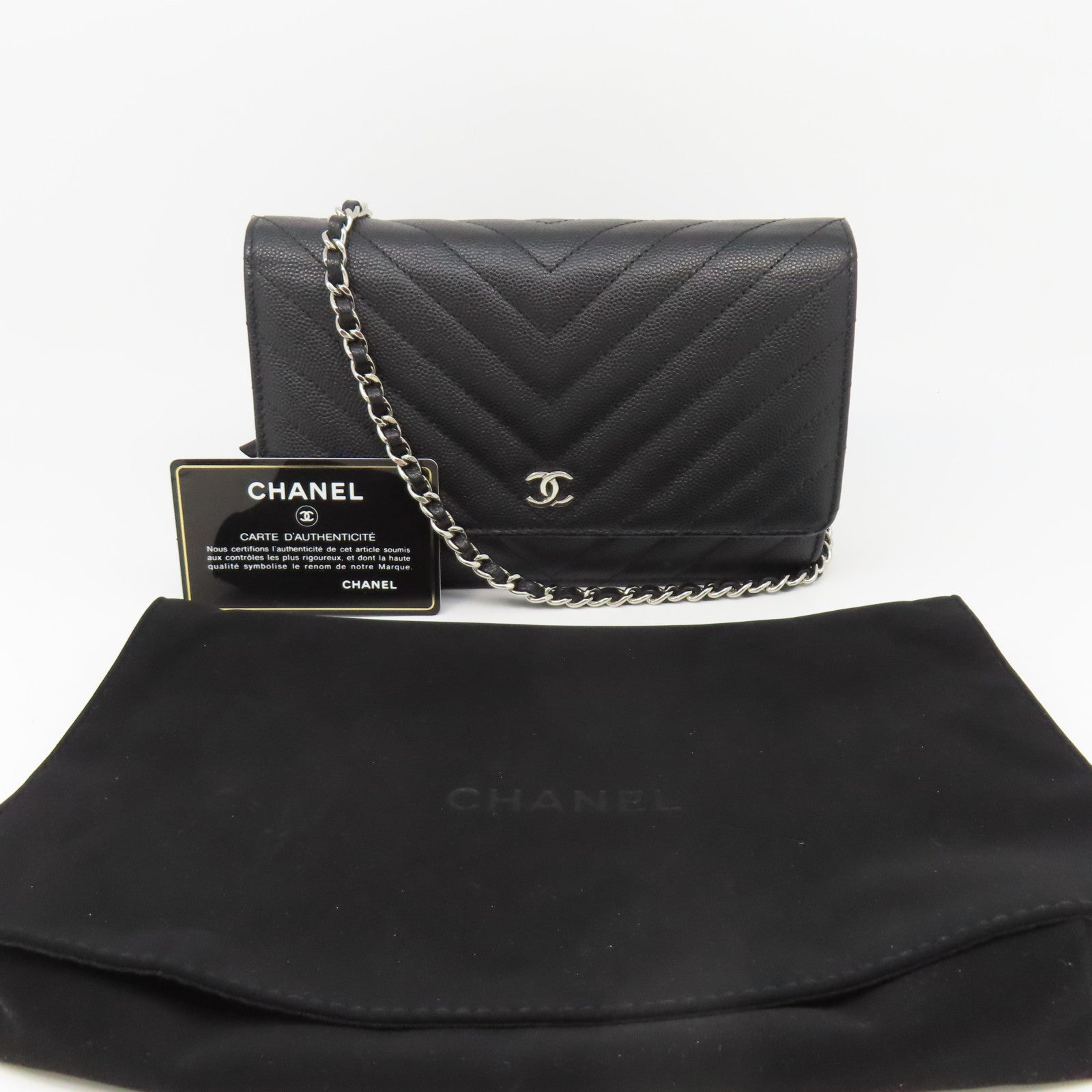 CHANEL 斜紋Caviar皮革WOC Wallet On Chain銀扣鏈帶肩背袋黑色