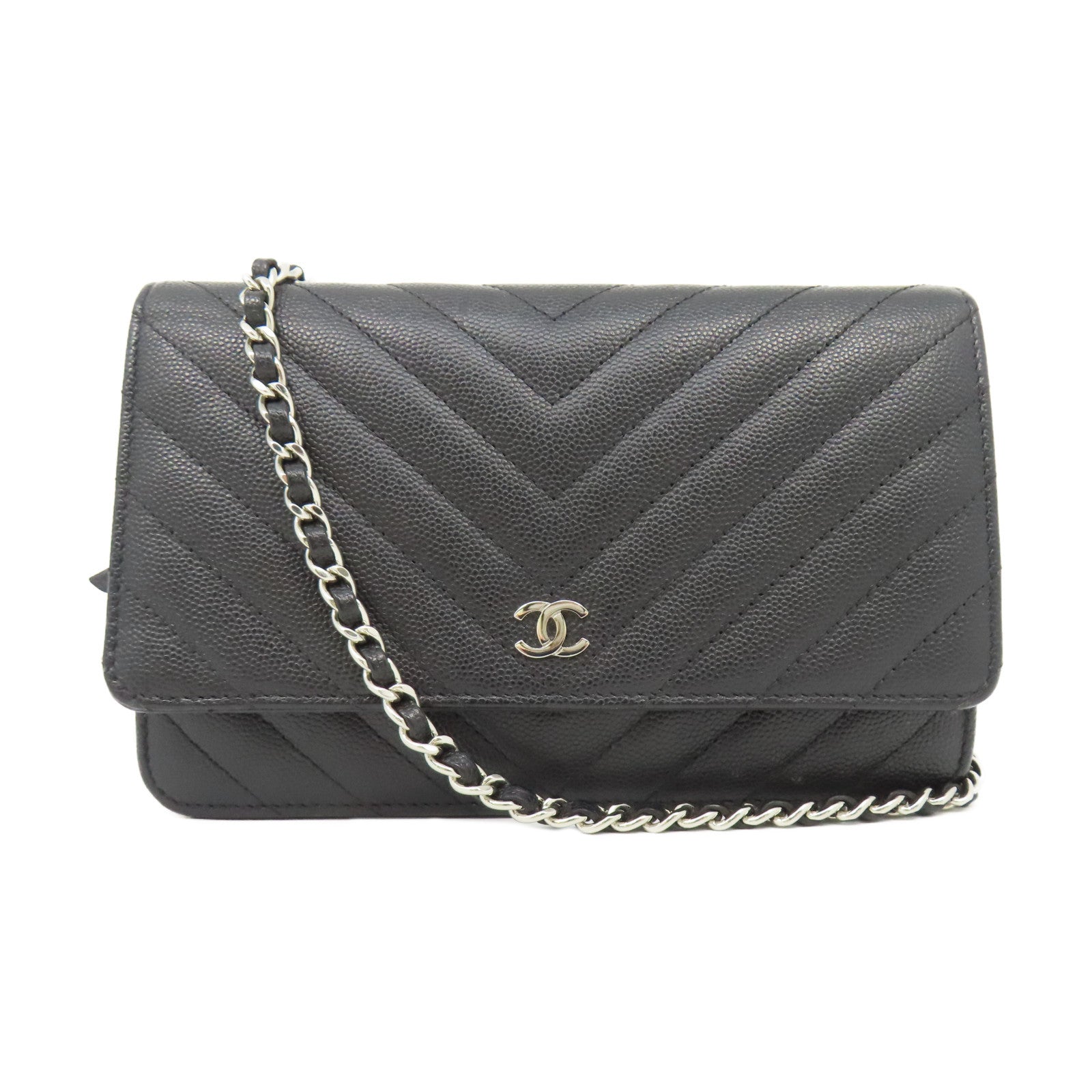 CHANEL 斜紋Caviar皮革WOC Wallet On Chain銀扣鏈帶肩背袋黑色