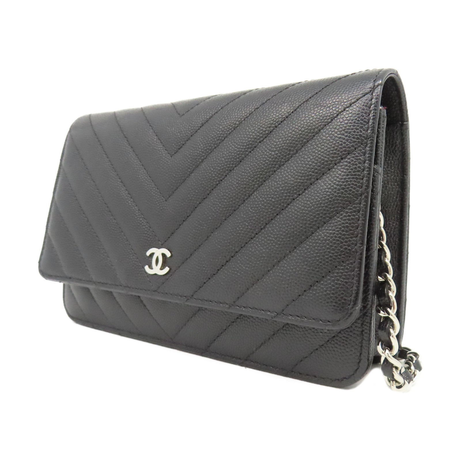 CHANEL 斜紋Caviar皮革WOC Wallet On Chain銀扣鏈帶肩背袋黑色