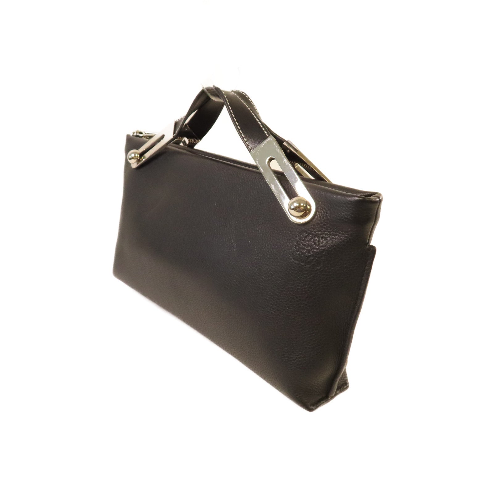 LOEWE 牛皮皮革2Way Shoulder Bag銀扣手挽肩背兩用袋黑色