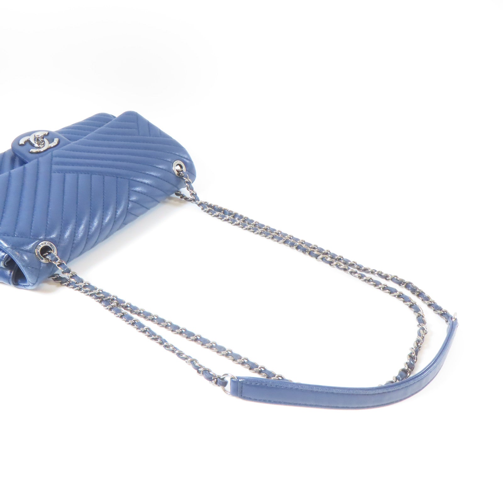 CHANEL 斜紋羊皮皮革Chain Shoulder銀扣鏈帶肩背袋藍色