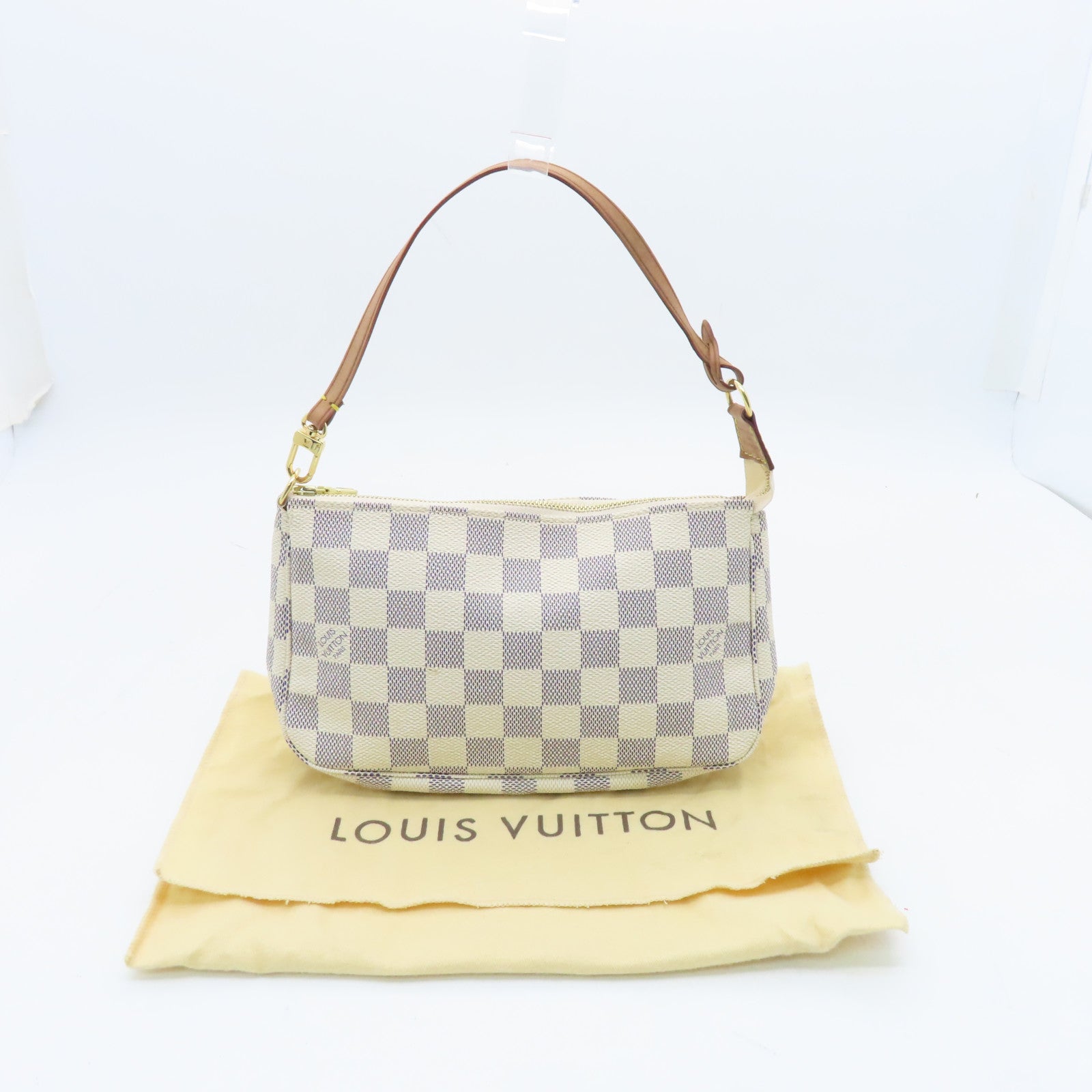 LOUIS VUITTON Damier Azur Pochette Accessories Gold Buckle Shoulder Bag White
