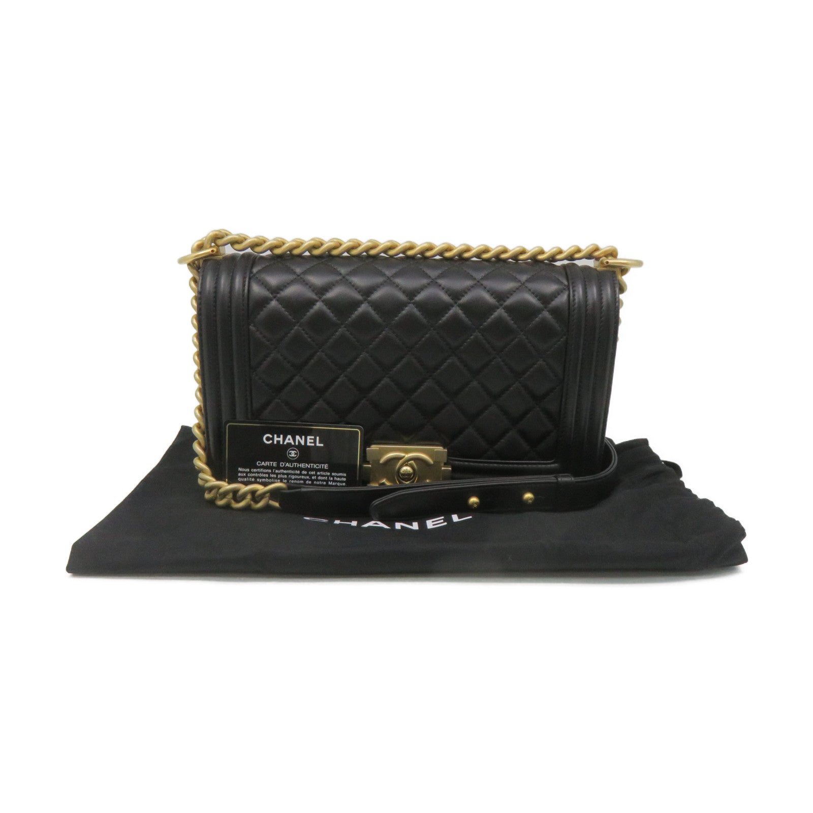 CHANEL Rhombus Sheepskin Leather Boy 25 2Way Shoulder Bag Gold Buckle Chain Belt Shoulder Bag Black