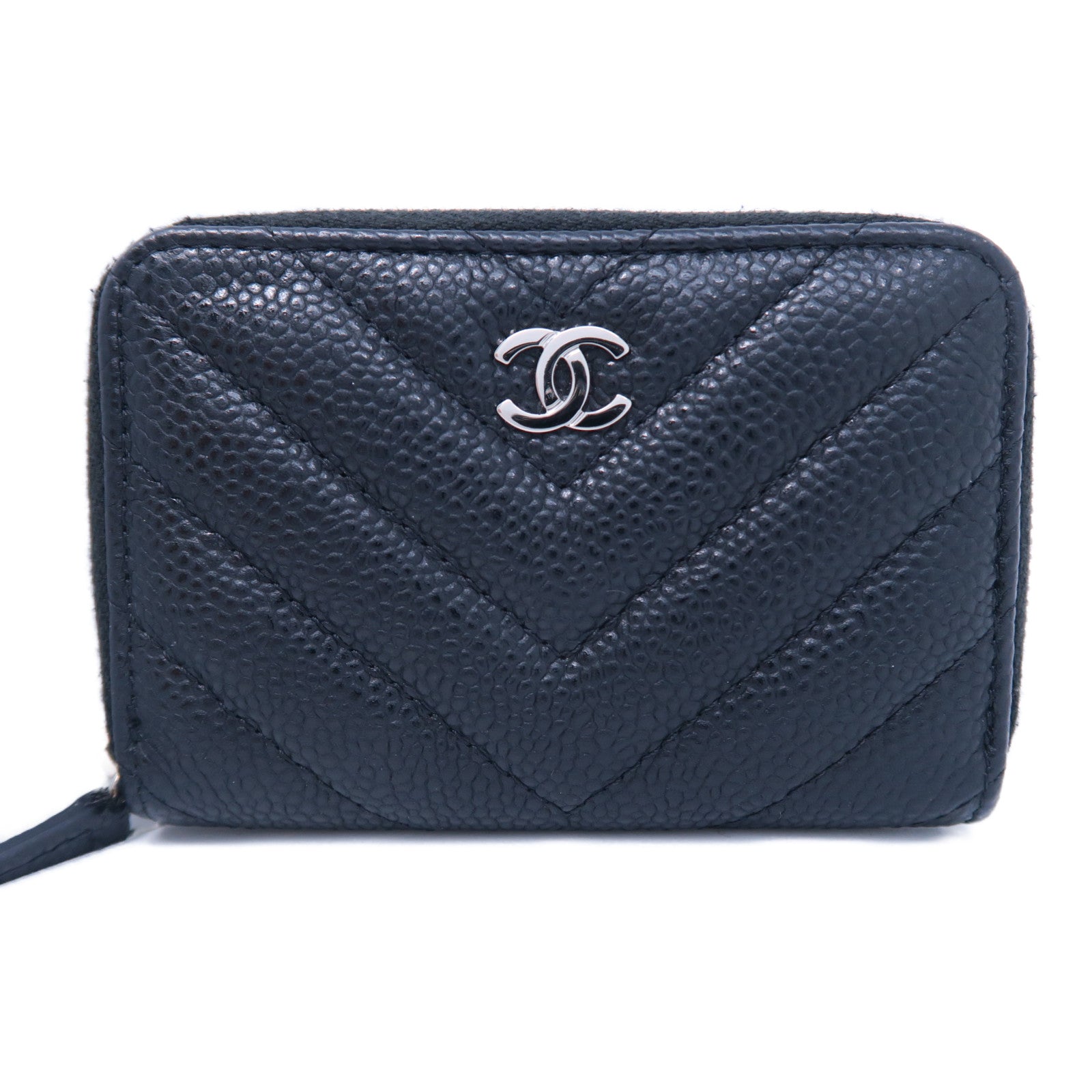 CHANEL 斜纹Caviar皮革Card Case银扣卡片套黑色