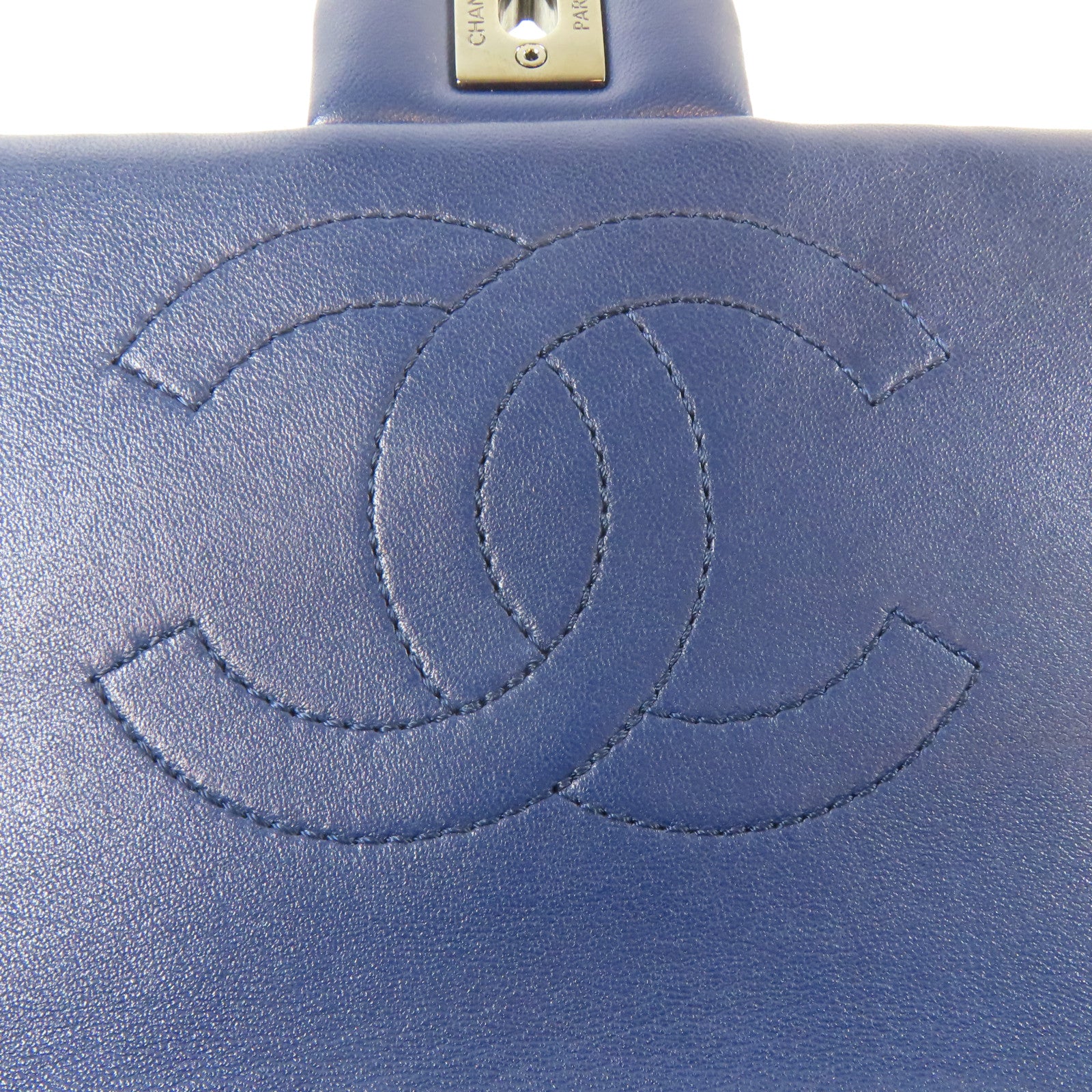 CHANEL 斜紋羊皮皮革Chain Shoulder銀扣鏈帶肩背袋藍色