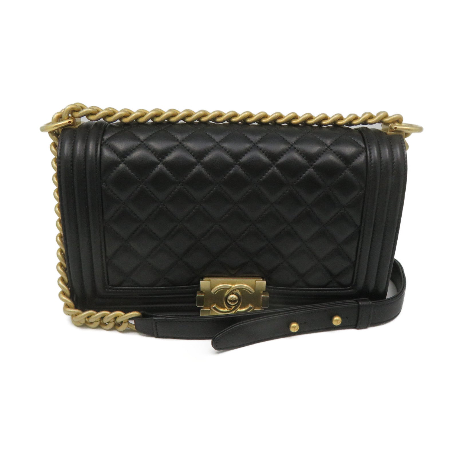 CHANEL Rhombus Sheepskin Leather Boy 25 2Way Shoulder Bag Gold Buckle Chain Belt Shoulder Bag Black