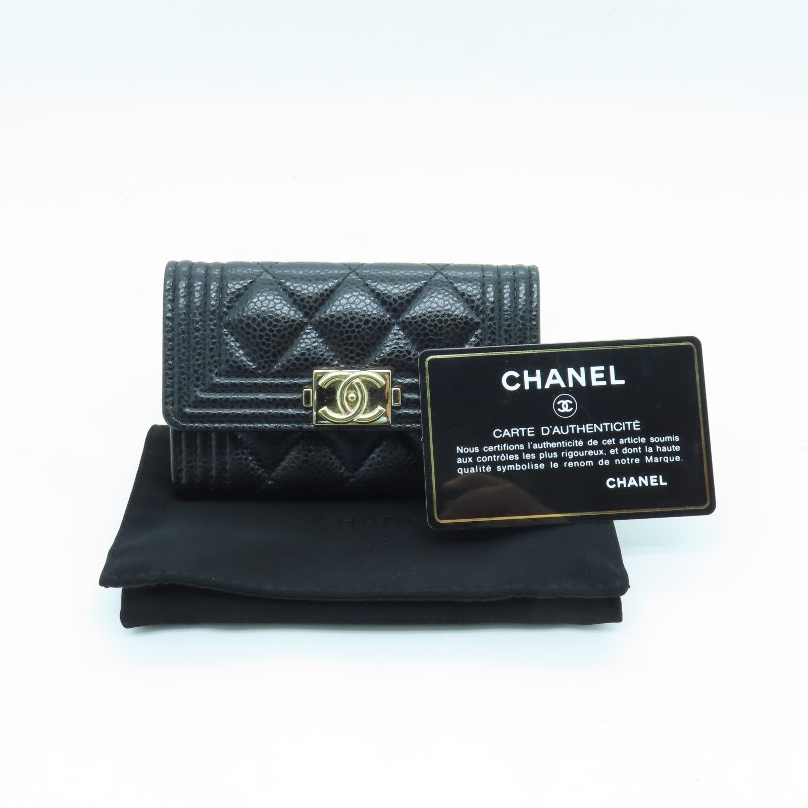 CHANEL 菱格Caviar皮革Boy Card Case金扣卡片套黑色