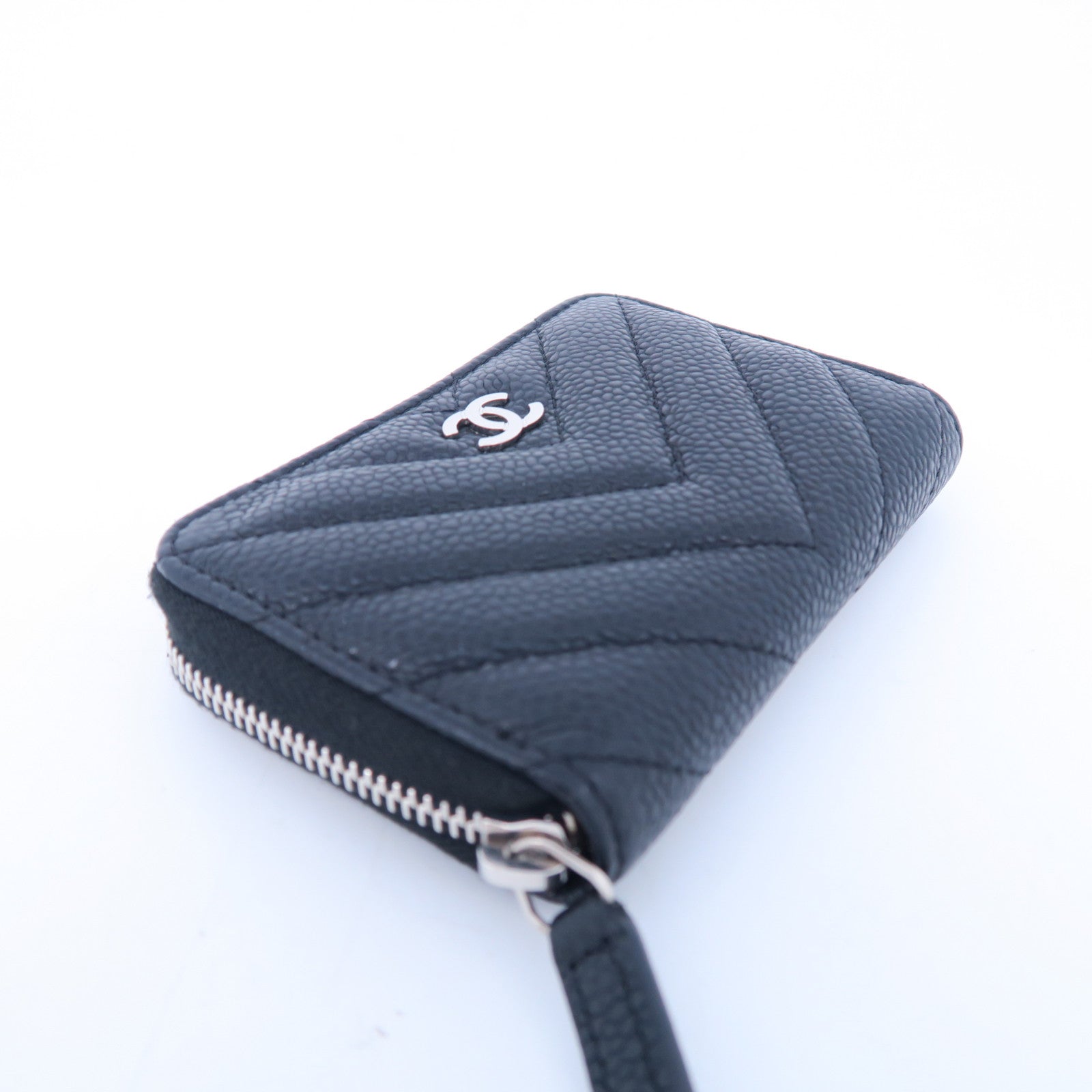 CHANEL 斜纹Caviar皮革Card Case银扣卡片套黑色