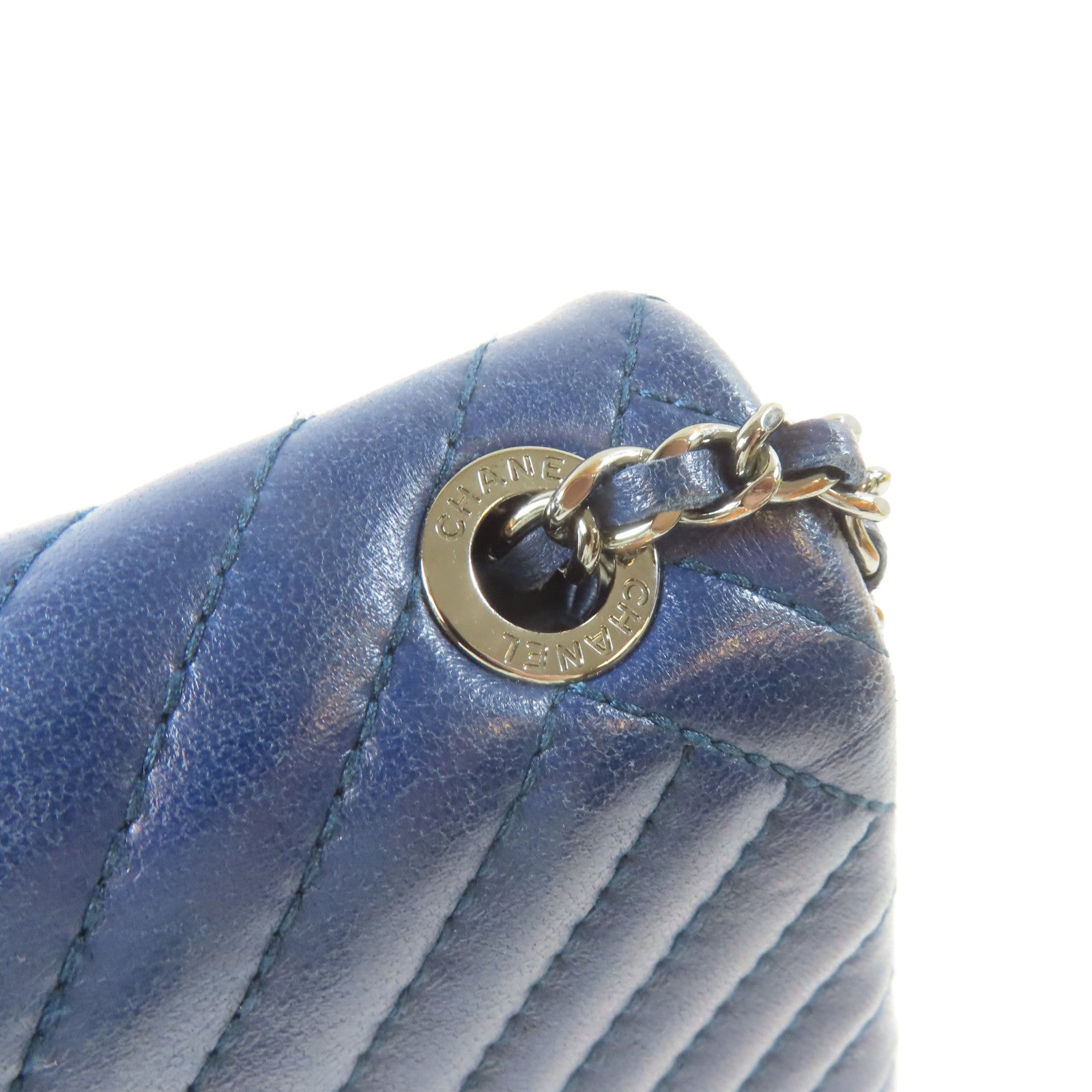 CHANEL 斜紋羊皮皮革Chain Shoulder銀扣鏈帶肩背袋藍色