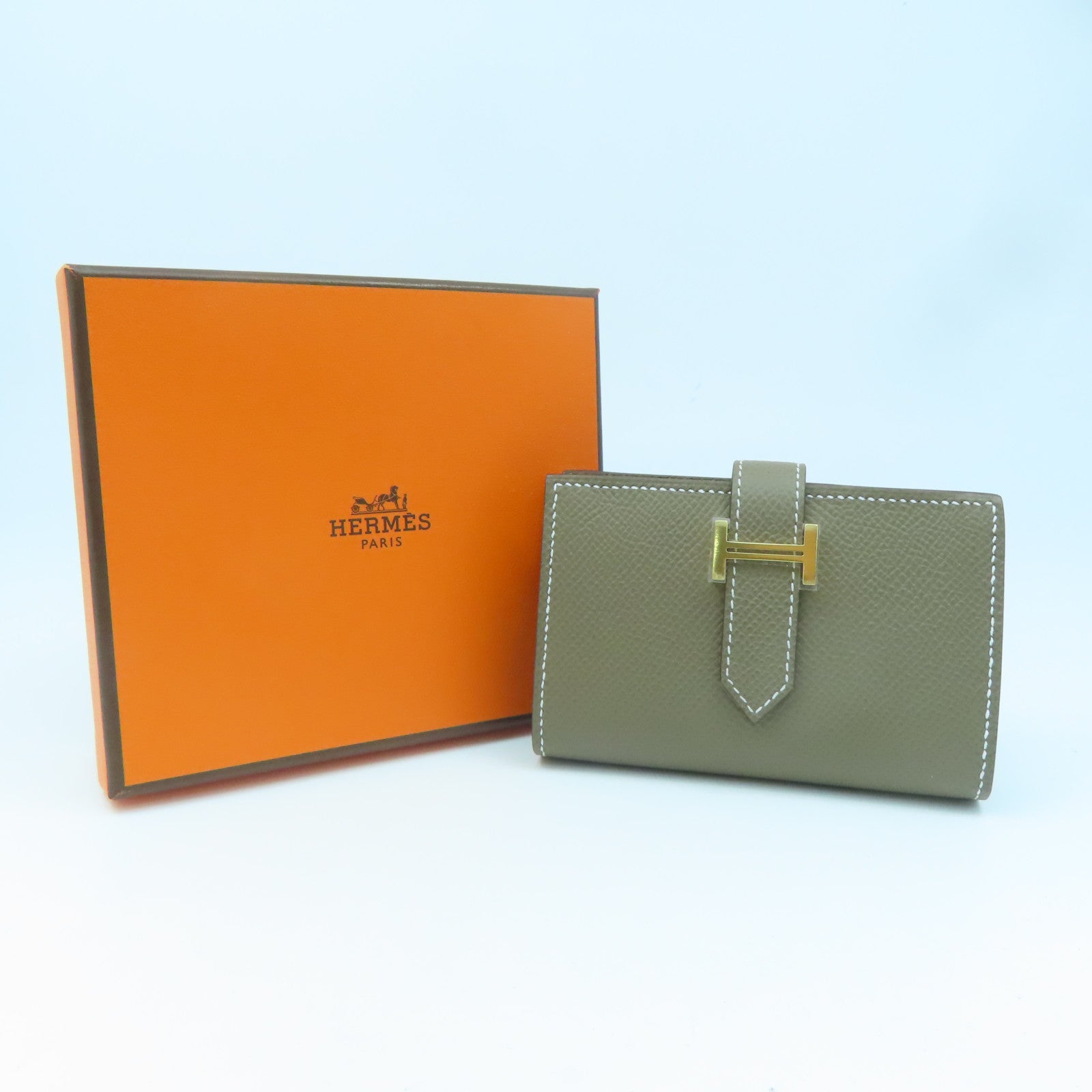 HERMES Epsom Leather Bearn Card Case Gold Buckle Card Holder Elephant Gray