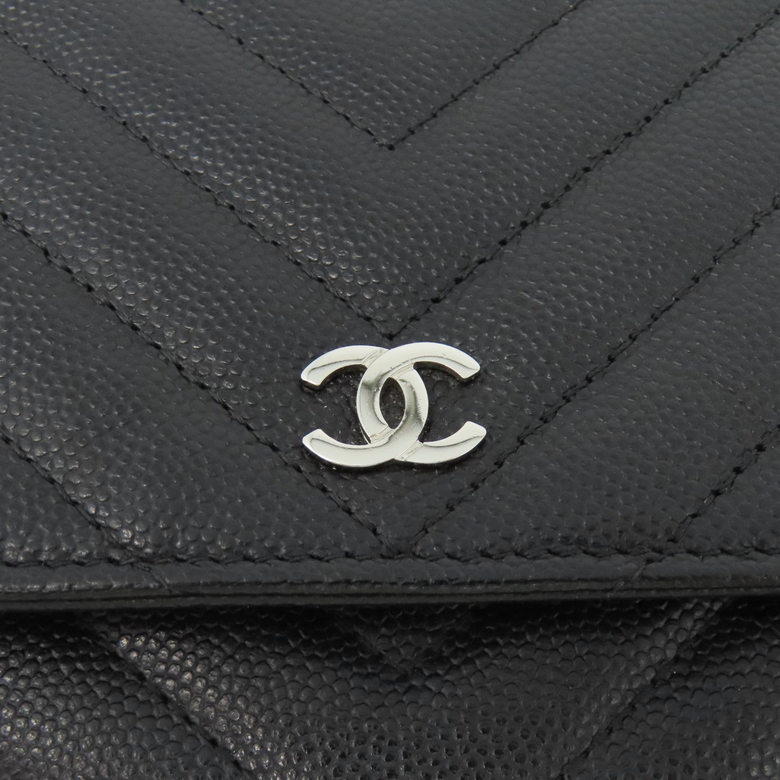 CHANEL 斜紋Caviar皮革WOC Wallet On Chain銀扣鏈帶肩背袋黑色