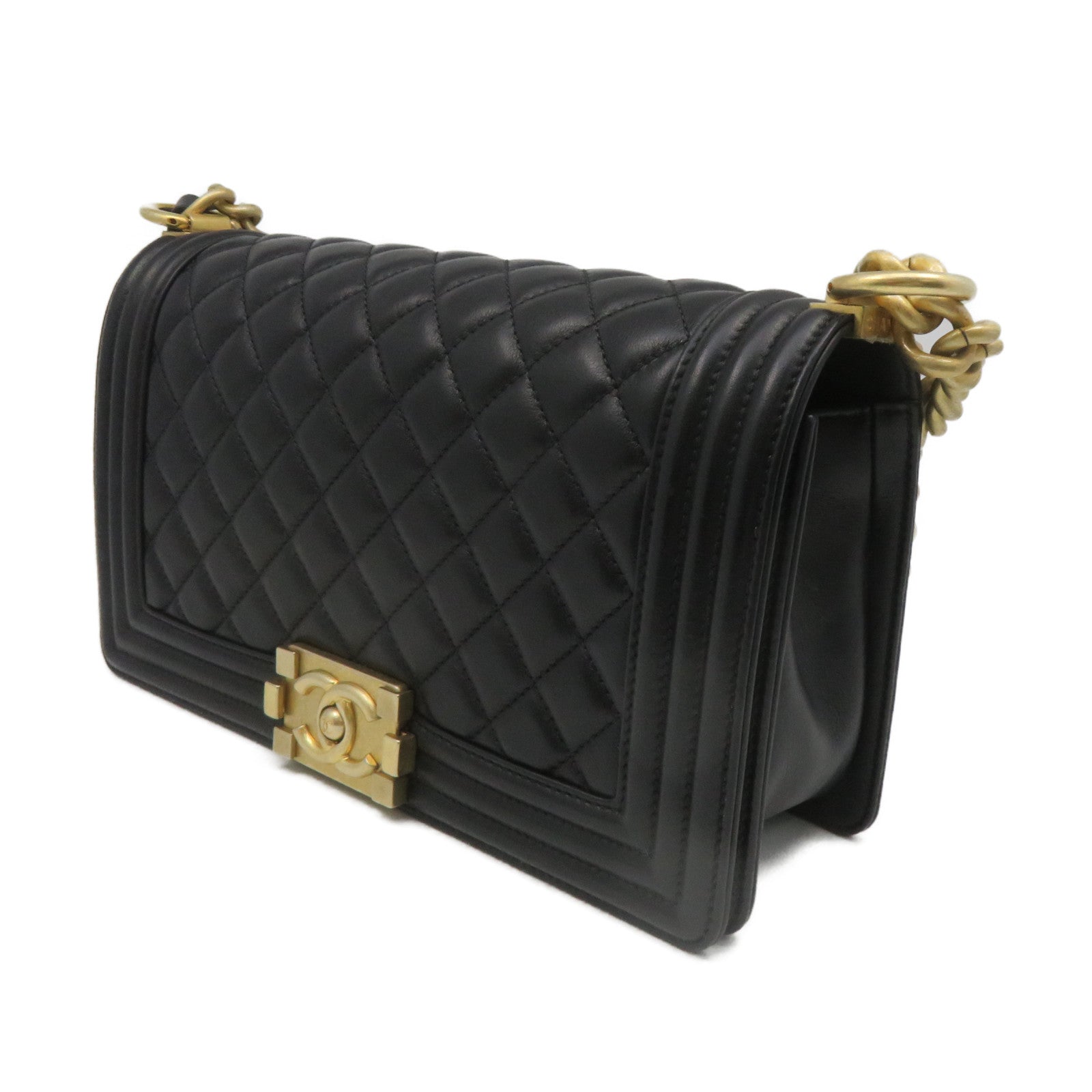 CHANEL Rhombus Sheepskin Leather Boy 25 2Way Shoulder Bag Gold Buckle Chain Belt Shoulder Bag Black