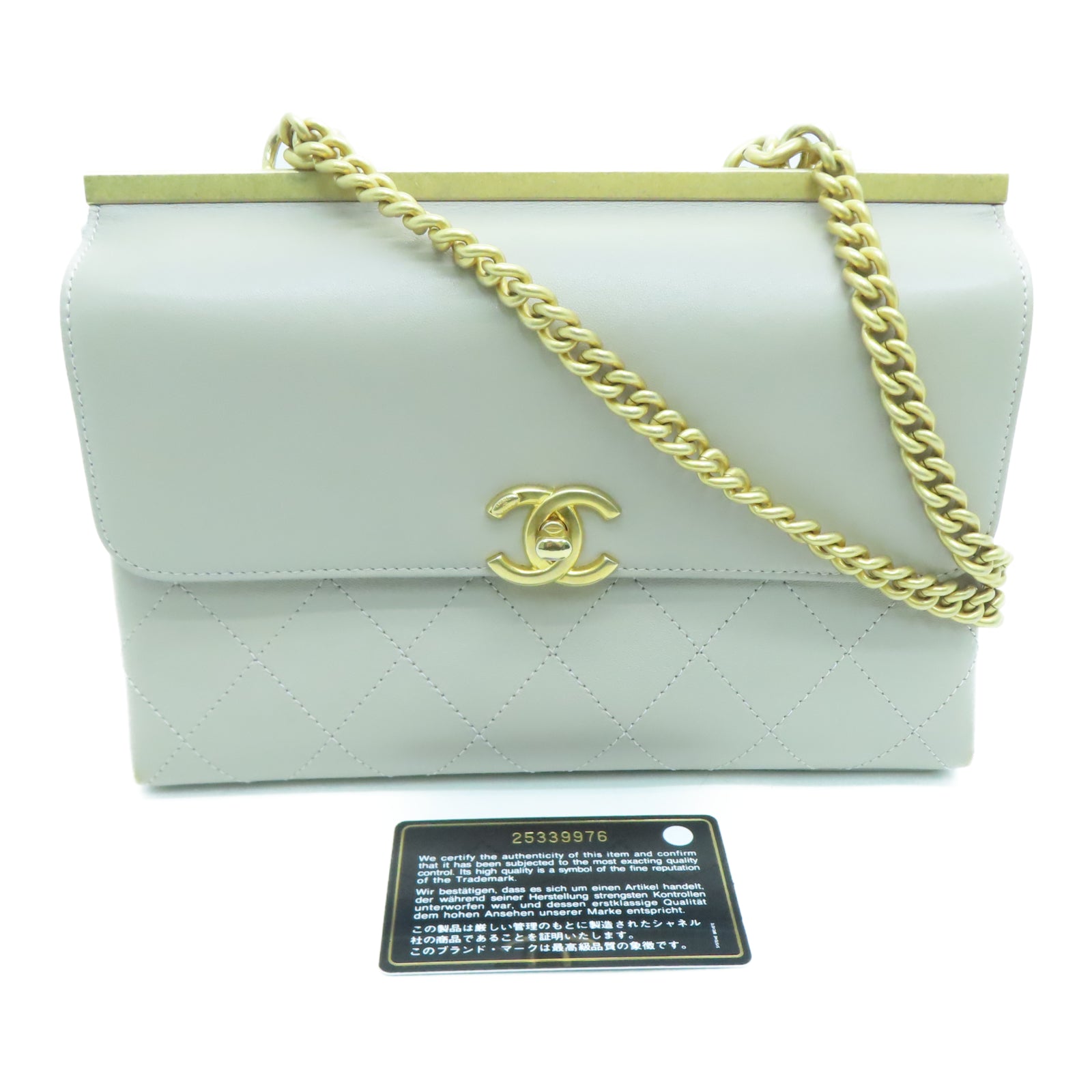 CHANEL 菱格牛皮皮革Chain Shoulder金扣鏈帶肩背袋灰色