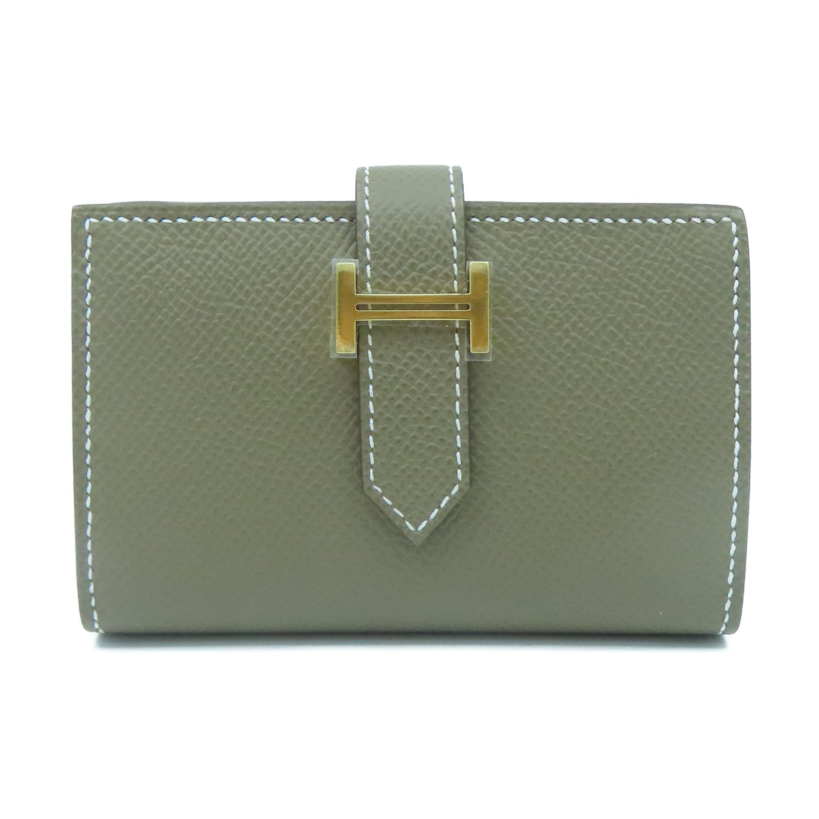 HERMES Epsom Leather Bearn Card Case Gold Buckle Card Holder Elephant Gray