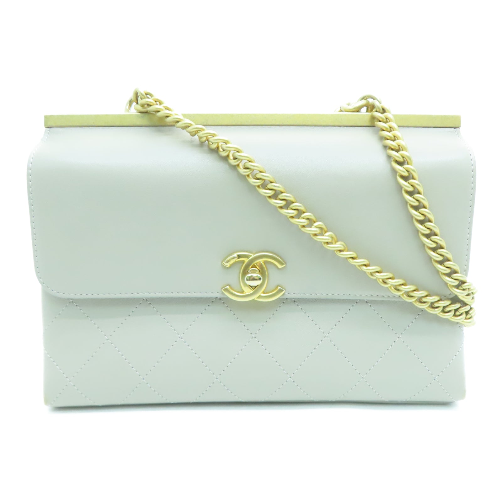 CHANEL 菱格牛皮皮革Chain Shoulder金扣鏈帶肩背袋灰色