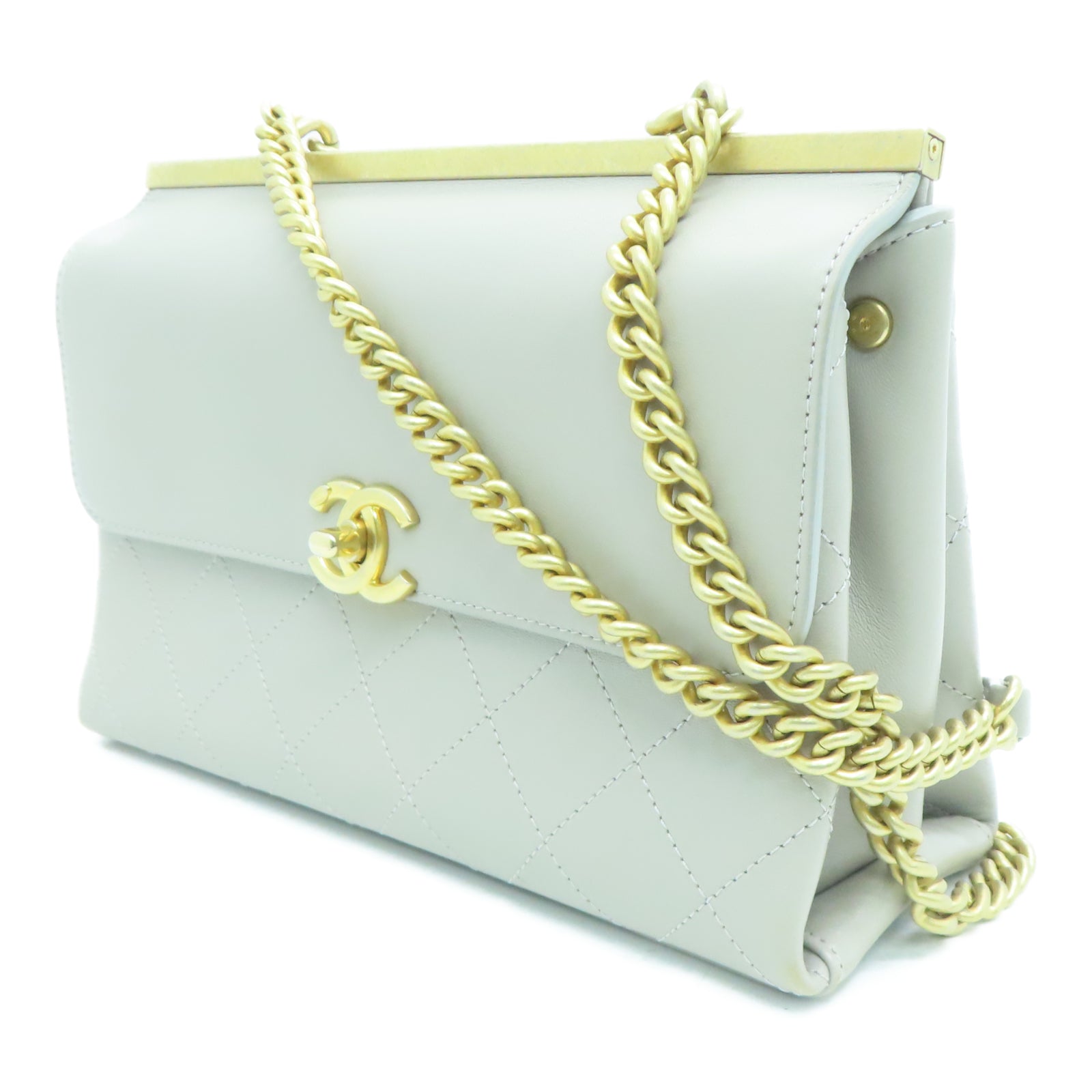 CHANEL 菱格牛皮皮革Chain Shoulder金扣鏈帶肩背袋灰色