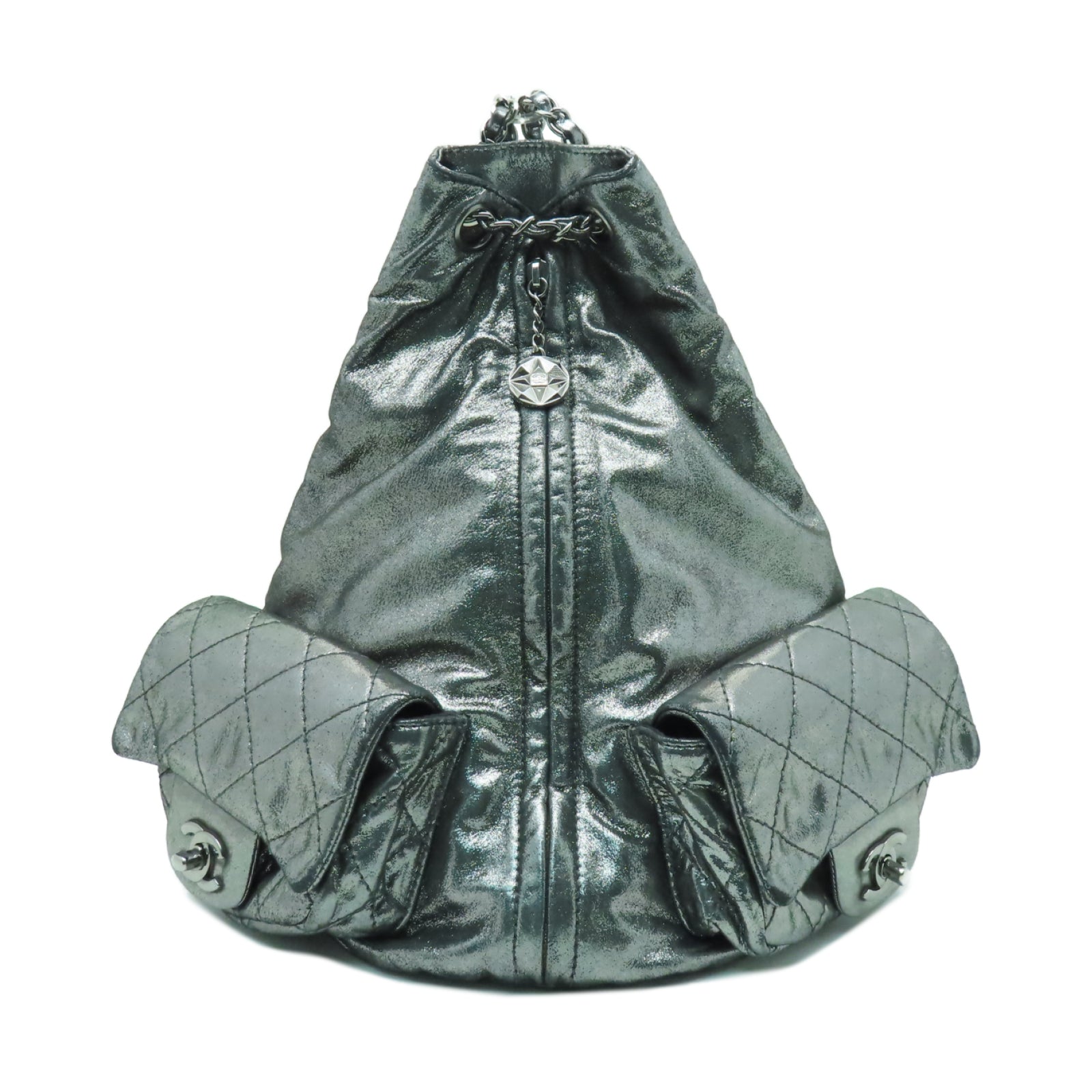 CHANEL 菱格塗層帆布Rucksack銀扣鏈帶背包銀色