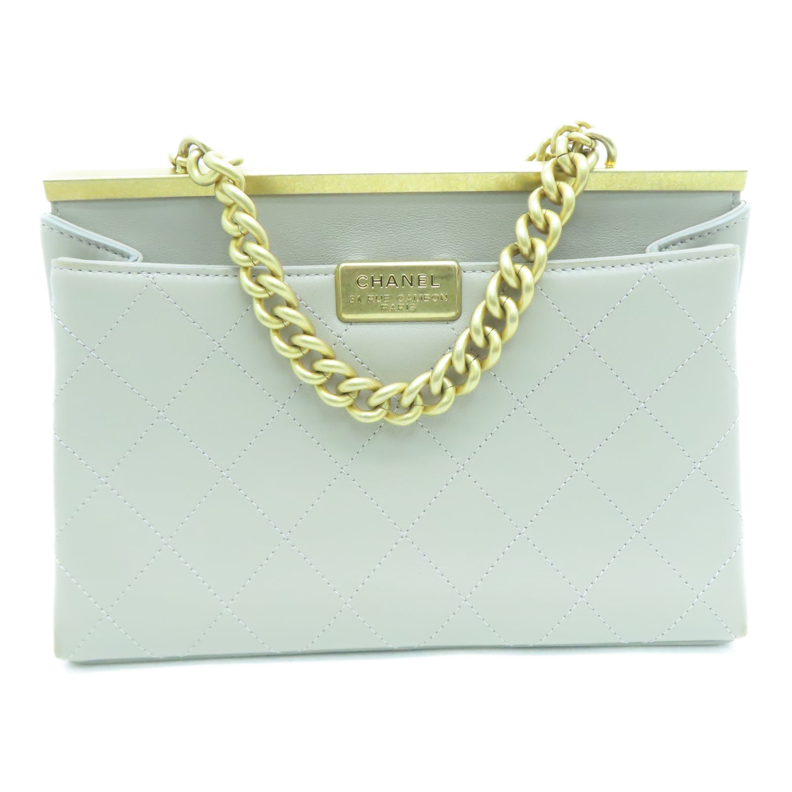 CHANEL 菱格牛皮皮革Chain Shoulder金扣鏈帶肩背袋灰色