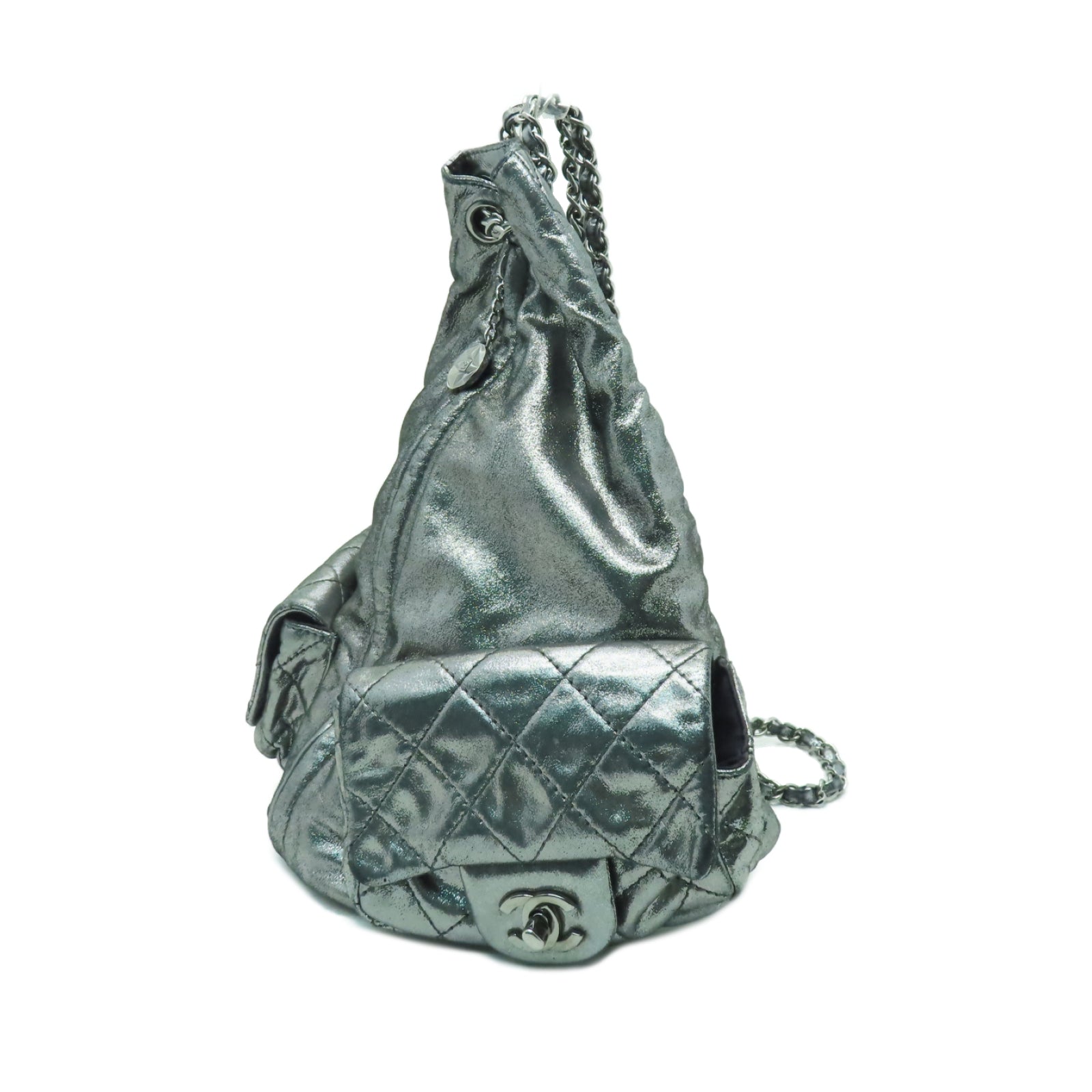CHANEL 菱格塗層帆布Rucksack銀扣鏈帶背包銀色
