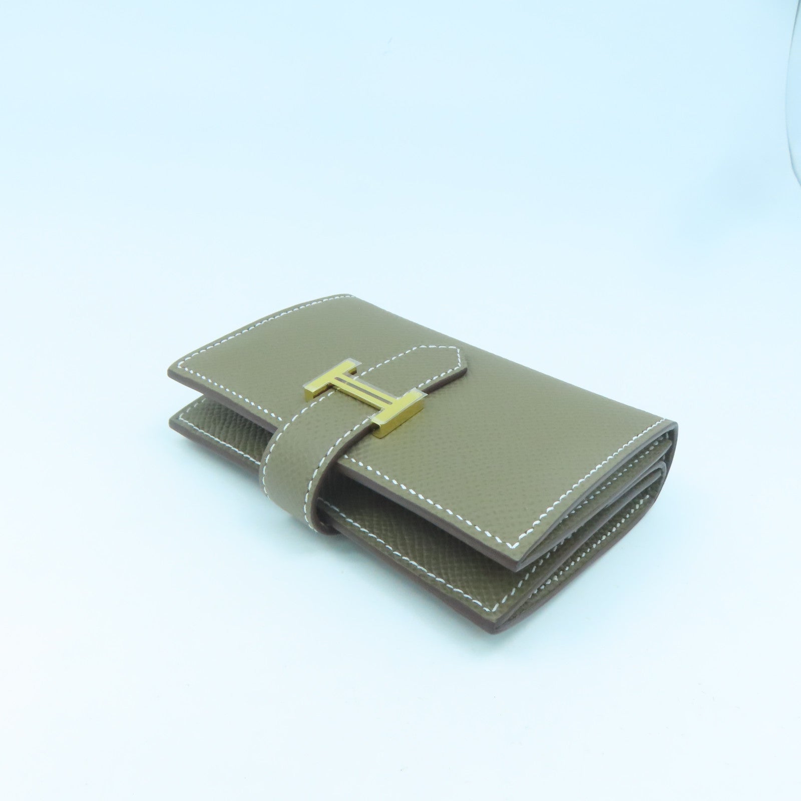 HERMES Epsom Leather Bearn Card Case Gold Buckle Card Holder Elephant Gray
