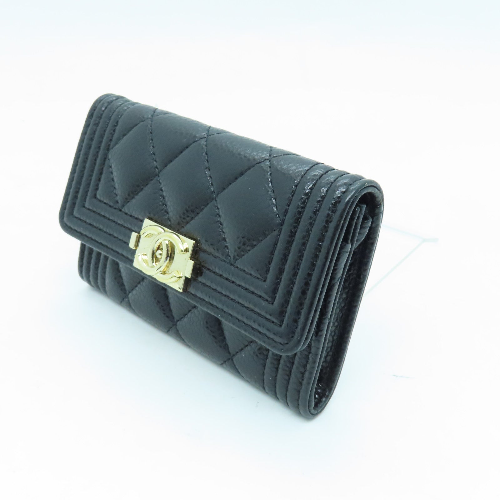 CHANEL 菱格Caviar皮革Boy Card Case金扣卡片套黑色