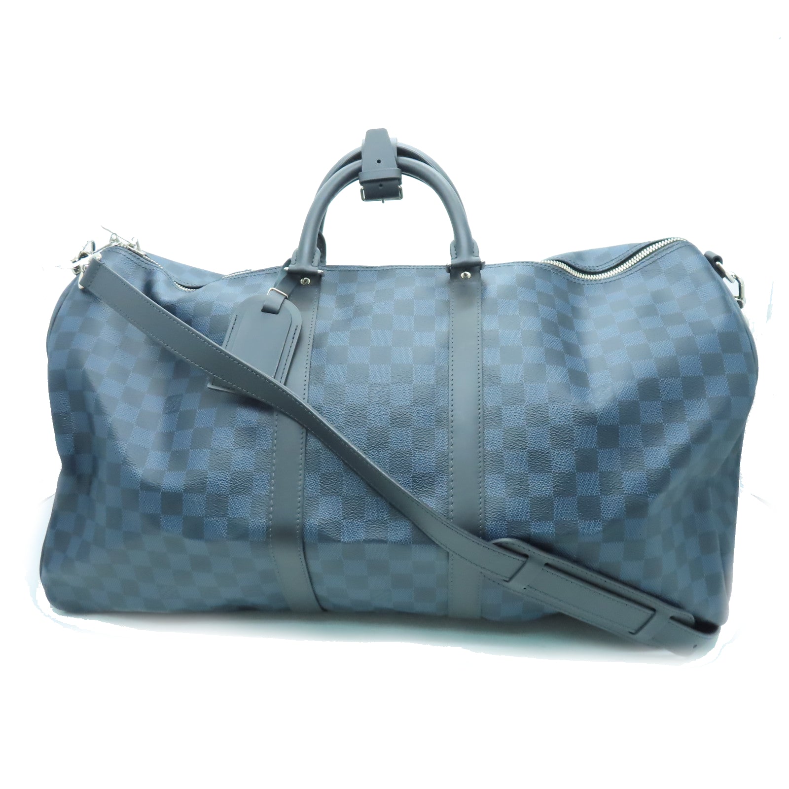 LOUIS VUITTON Damier Keepall 55 Bandoulie金扣手挽肩背兩用袋藍色/黑色
