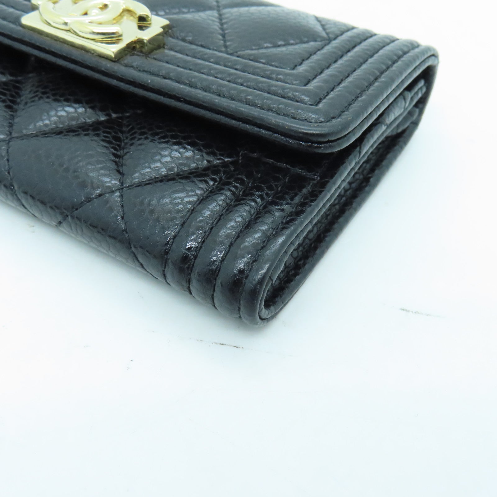CHANEL 菱格Caviar皮革Boy Card Case金扣卡片套黑色