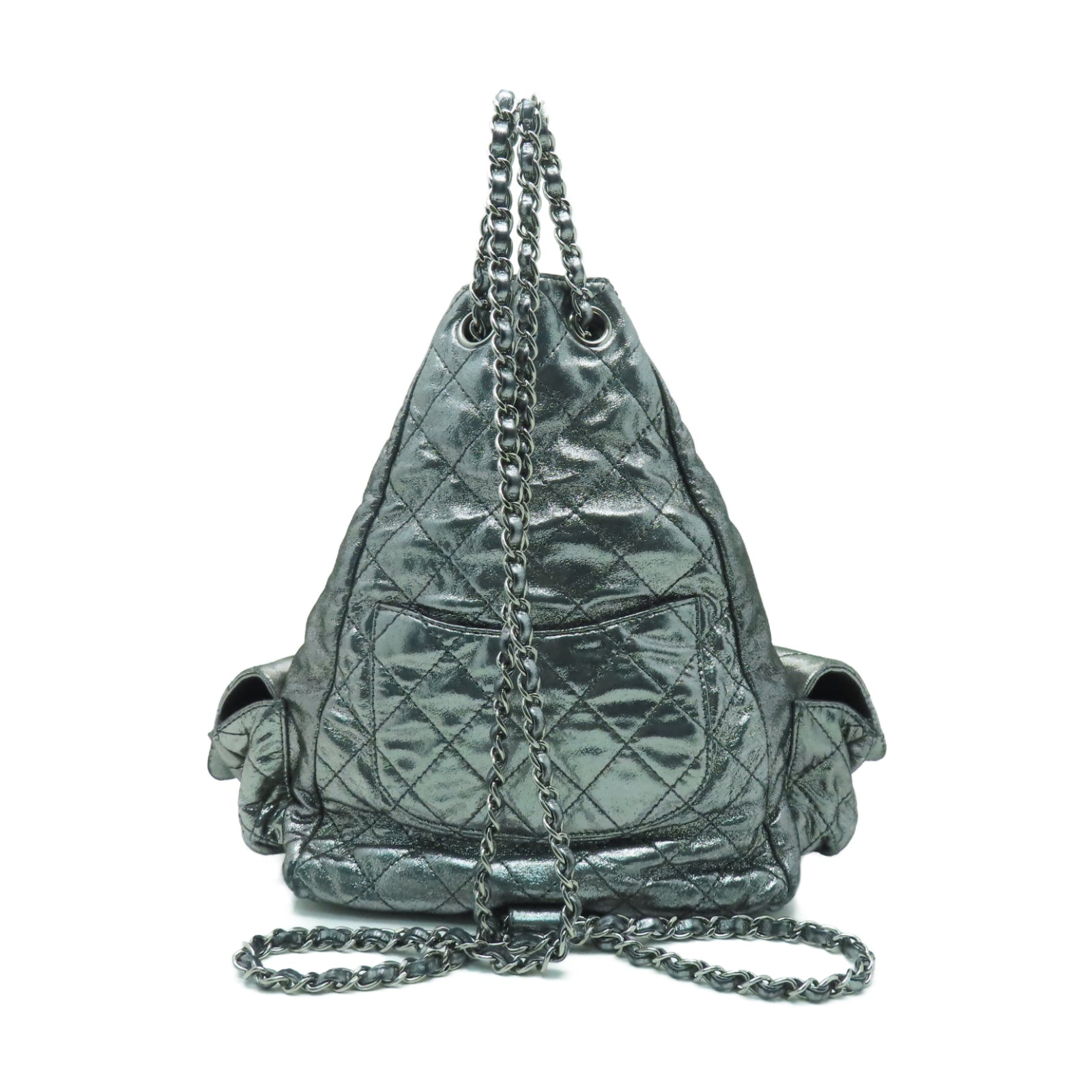 CHANEL 菱格塗層帆布Rucksack銀扣鏈帶背包銀色