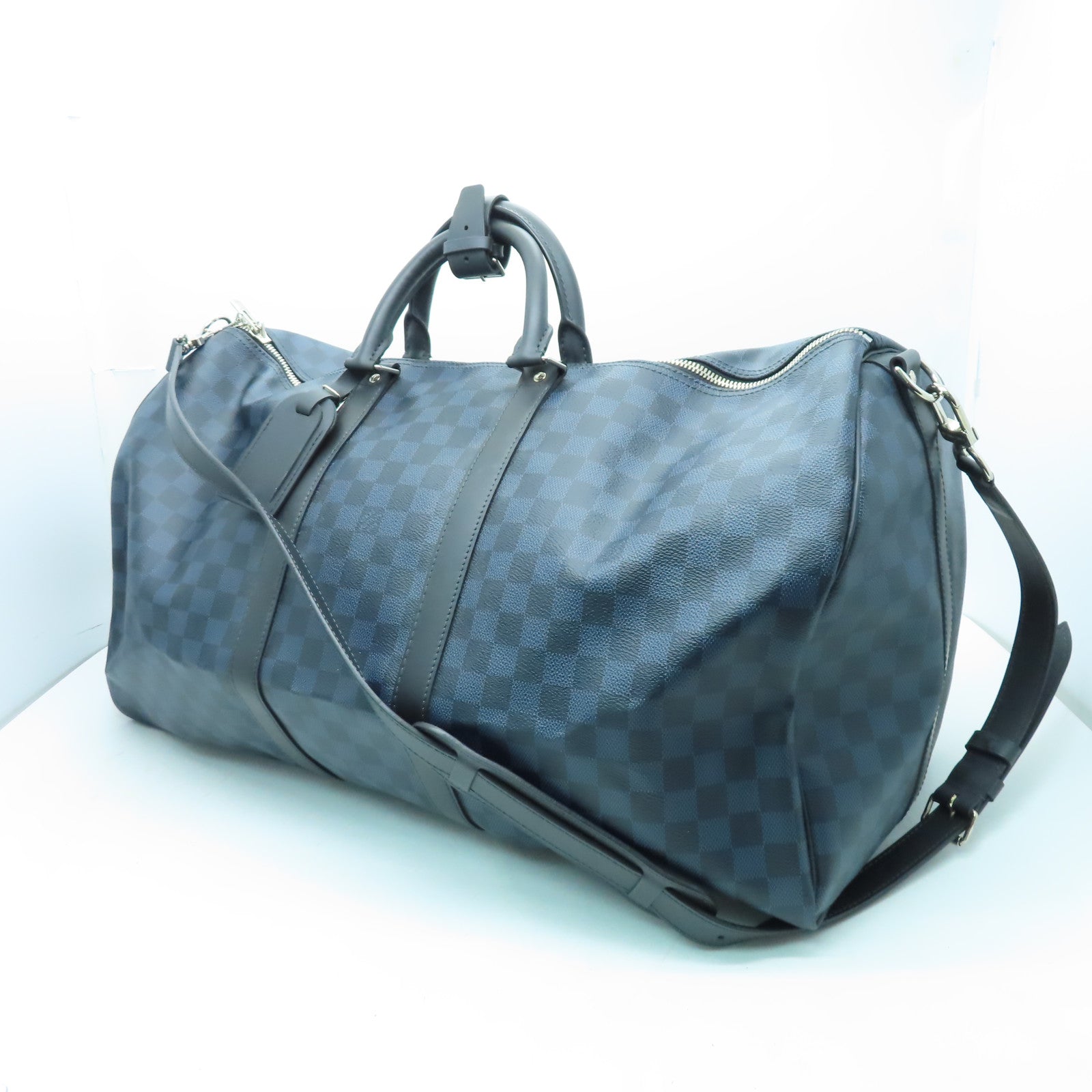 LOUIS VUITTON Damier Keepall 55 Bandoulie金扣手挽肩背兩用袋藍色/黑色