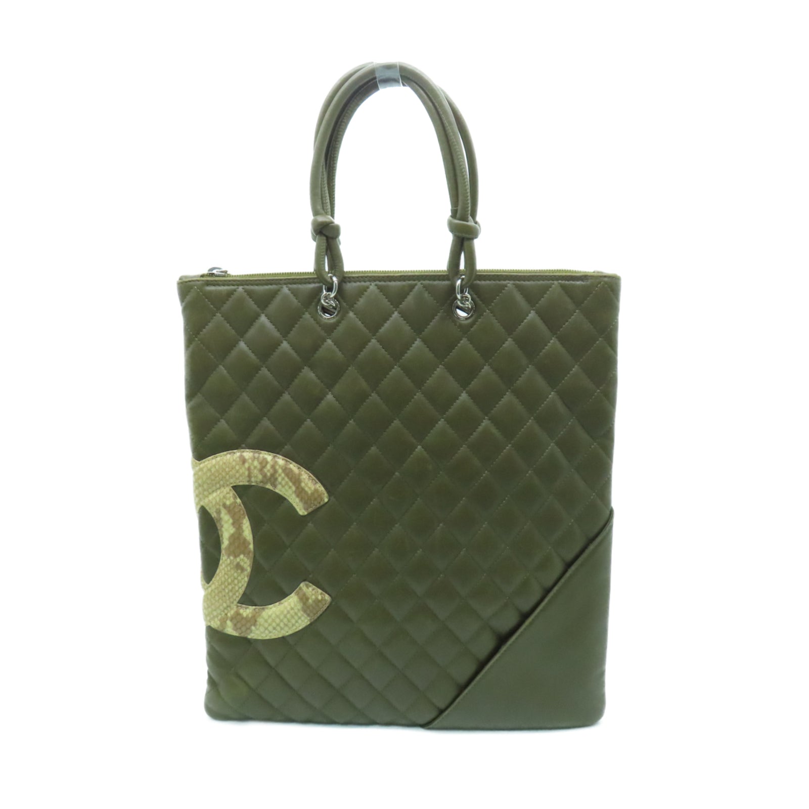 CHANEL rhombic cowhide leather / snakeskin leather Cambon Tote Bag silver buckle handle bag khaki