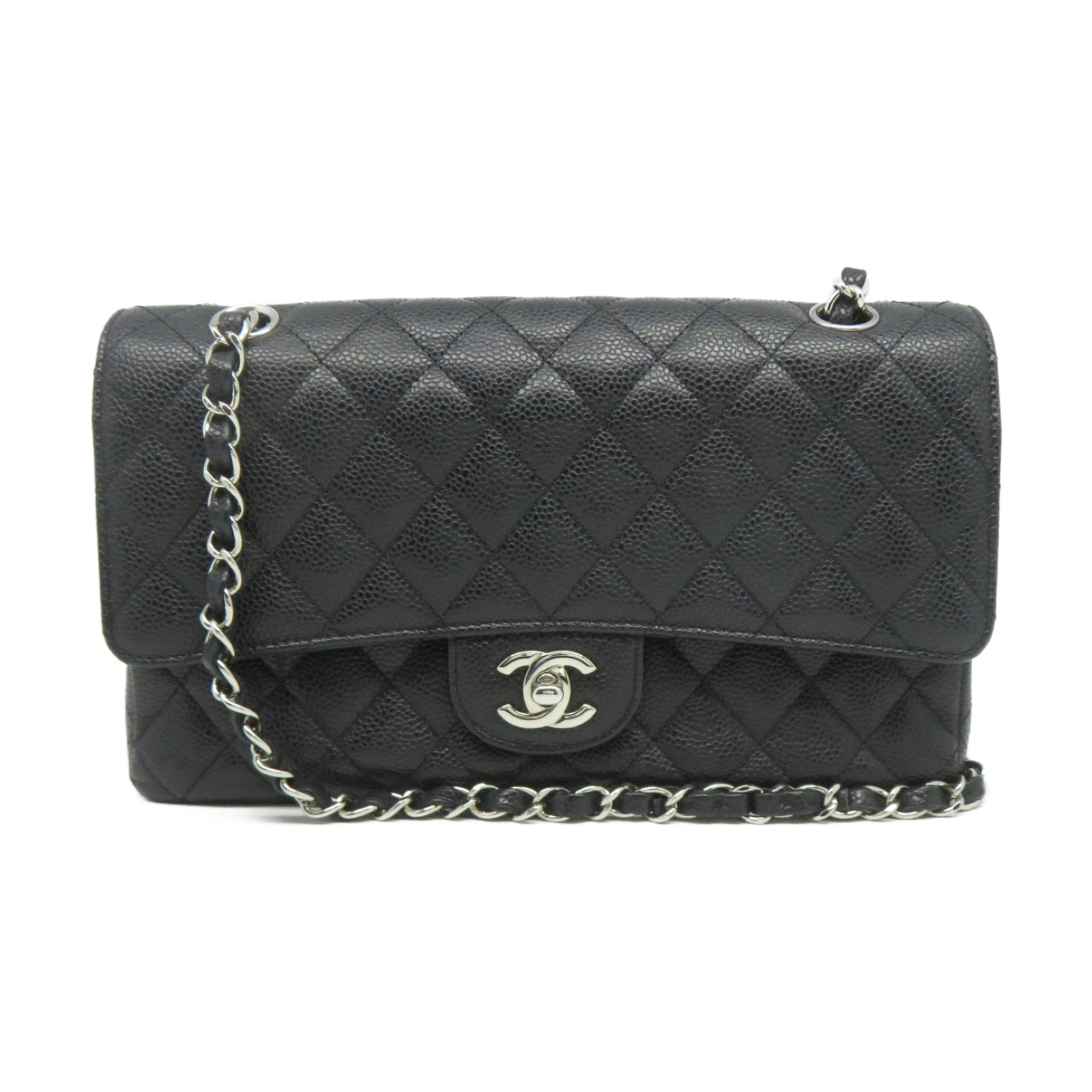 CHANEL 菱格Caviar皮革Classic 25銀扣鏈帶肩背袋黑色