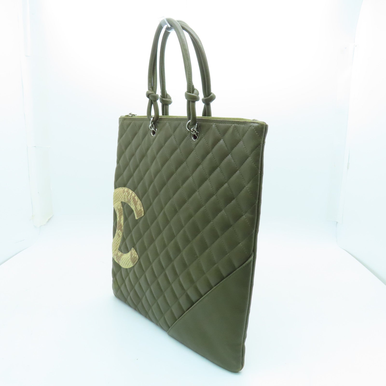 CHANEL rhombic cowhide leather / snakeskin leather Cambon Tote Bag silver buckle handle bag khaki