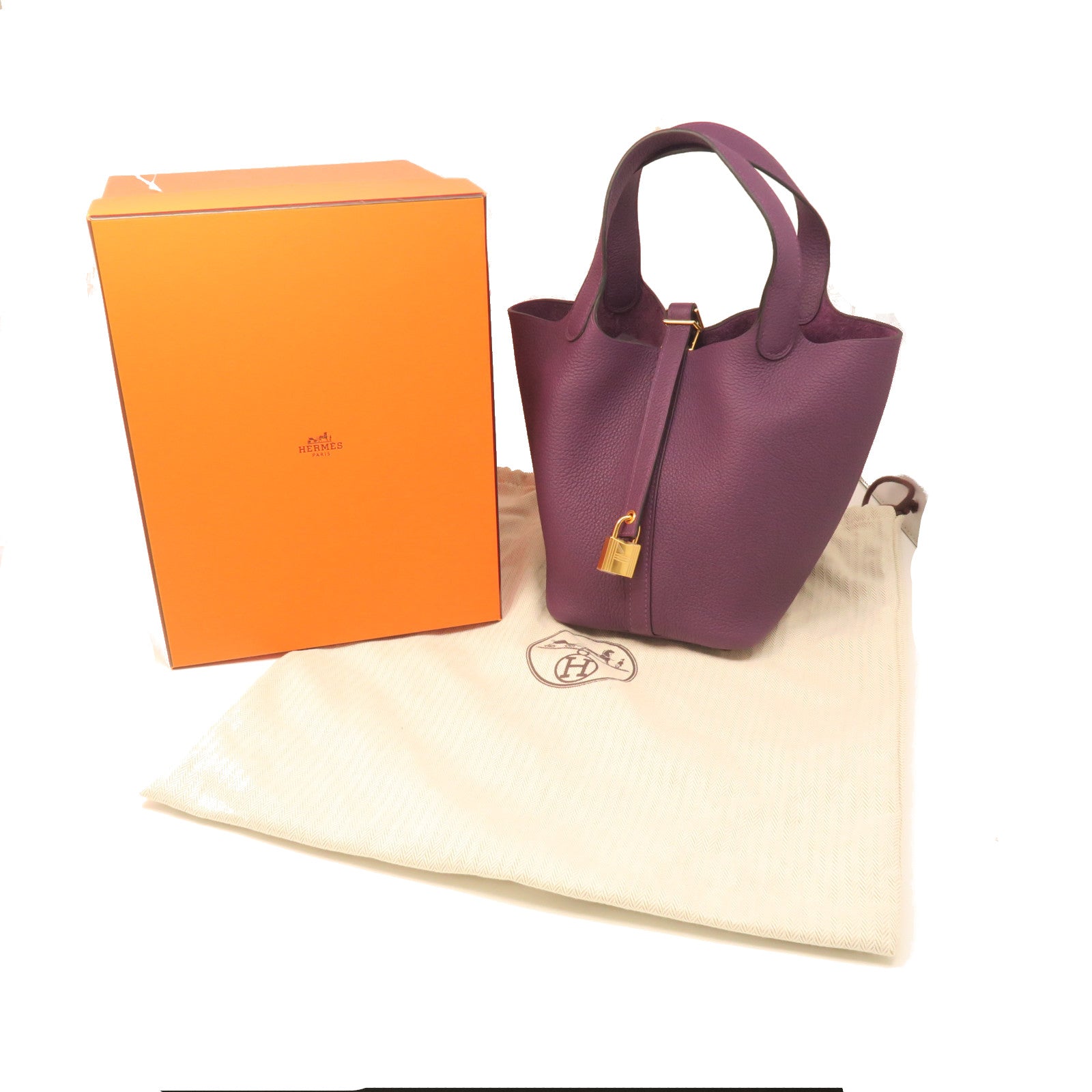 HERMES Taurillon Clemence Leather Picotin PM Gold Buckle Handle Bag Cassis Purple