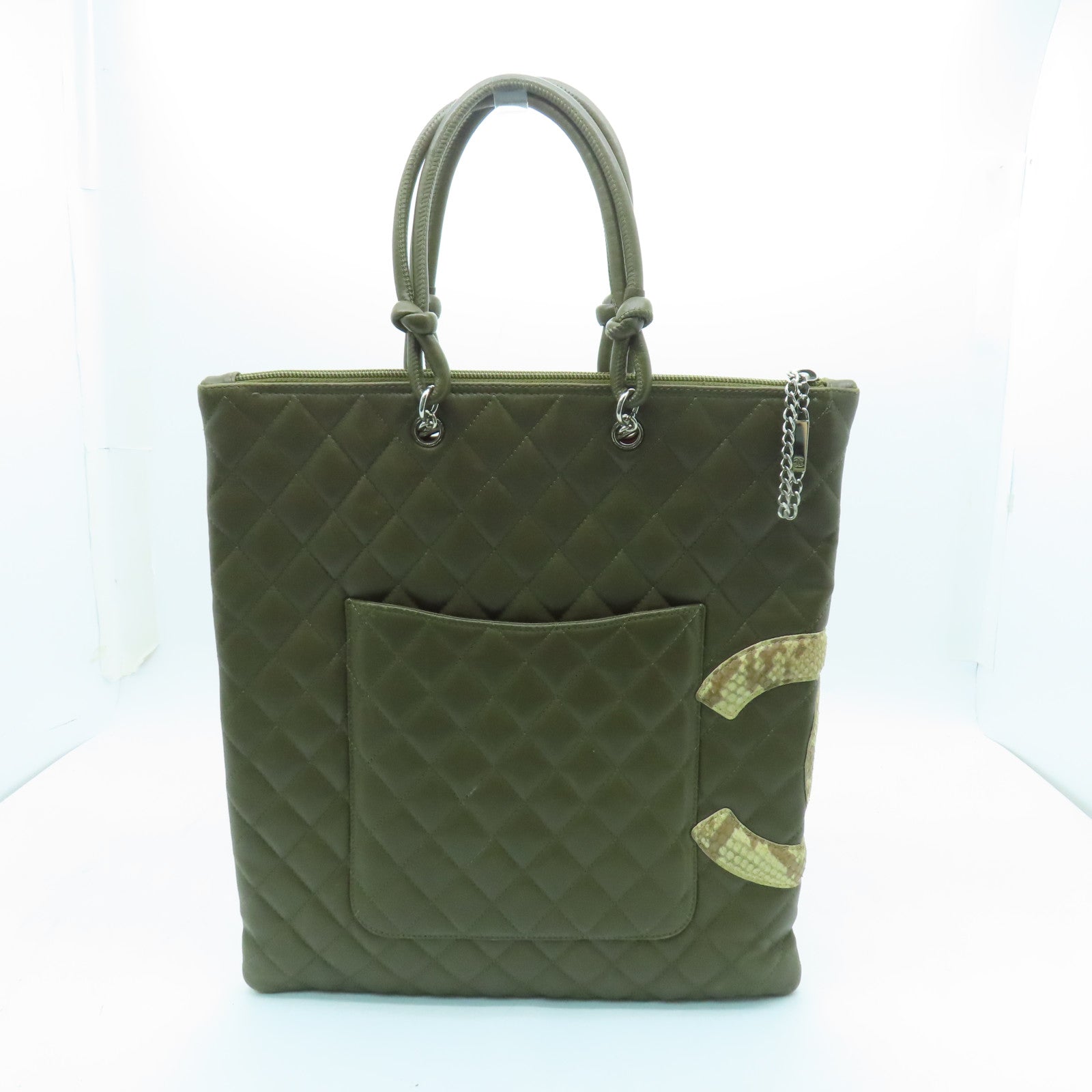CHANEL rhombic cowhide leather / snakeskin leather Cambon Tote Bag silver buckle handle bag khaki