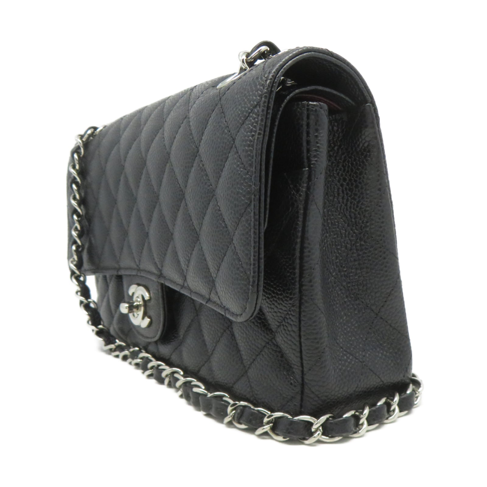 CHANEL 菱格Caviar皮革Classic 25銀扣鏈帶肩背袋黑色