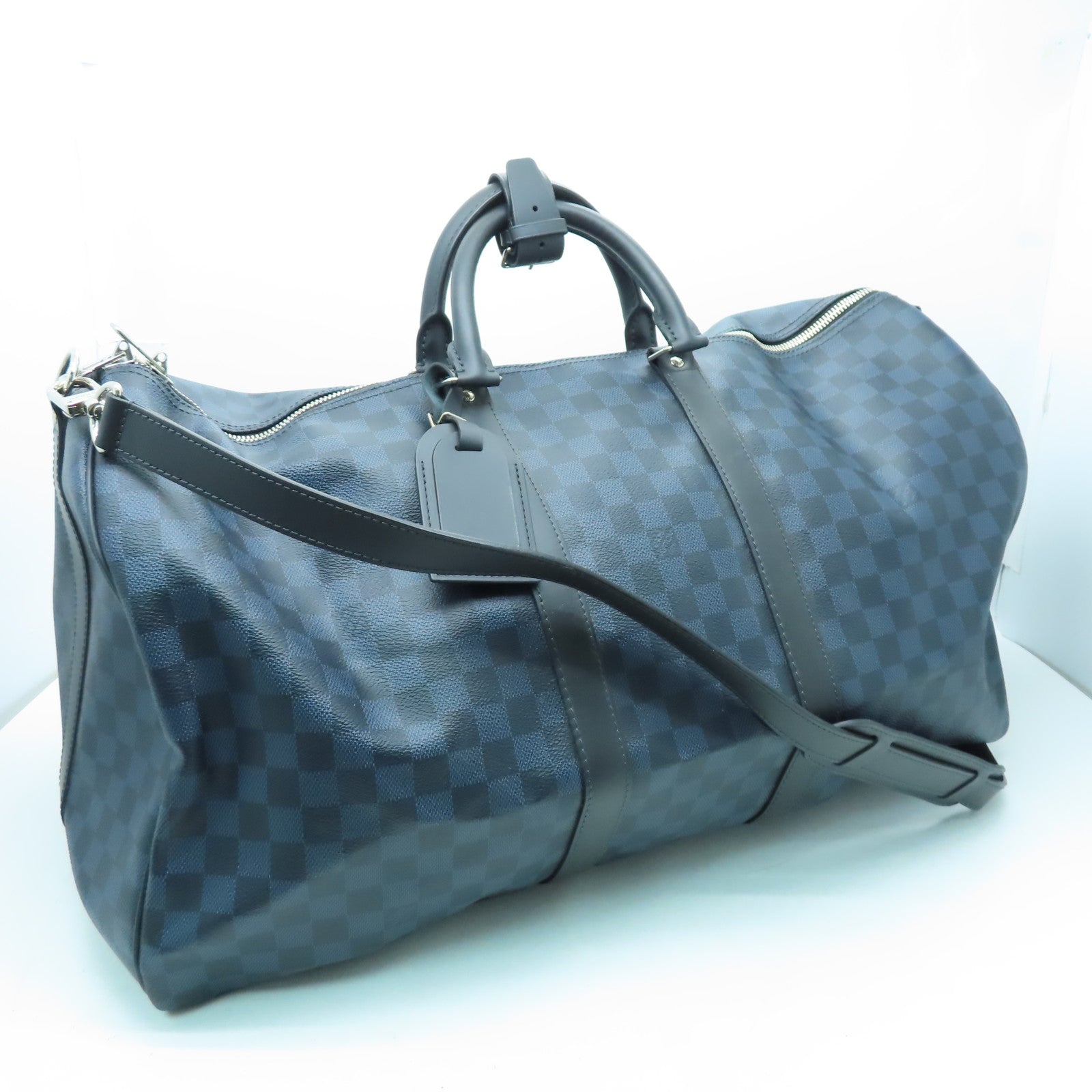 LOUIS VUITTON Damier Keepall 55 Bandoulie金扣手挽肩背兩用袋藍色/黑色