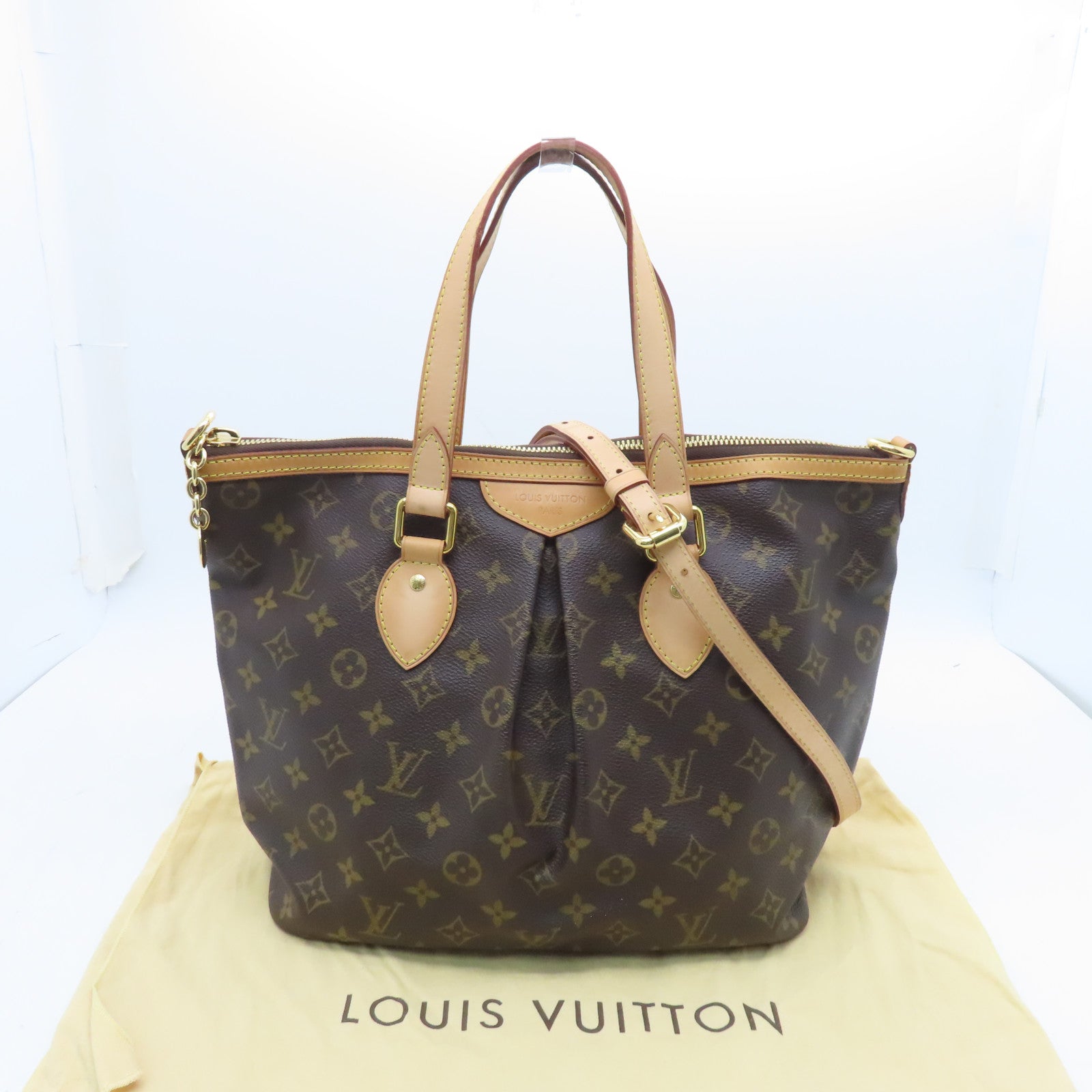 LOUIS VUITTON Monogram Palamo PM gold buckle handle shoulder bag brown