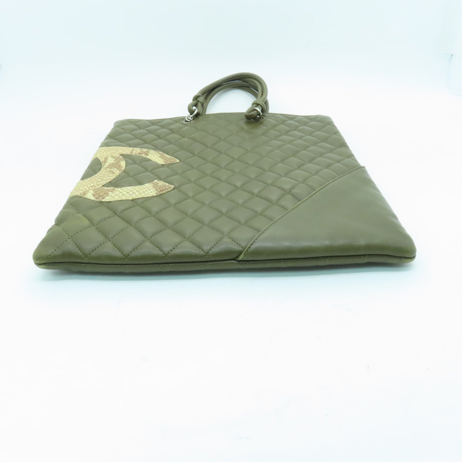 CHANEL rhombic cowhide leather / snakeskin leather Cambon Tote Bag silver buckle handle bag khaki