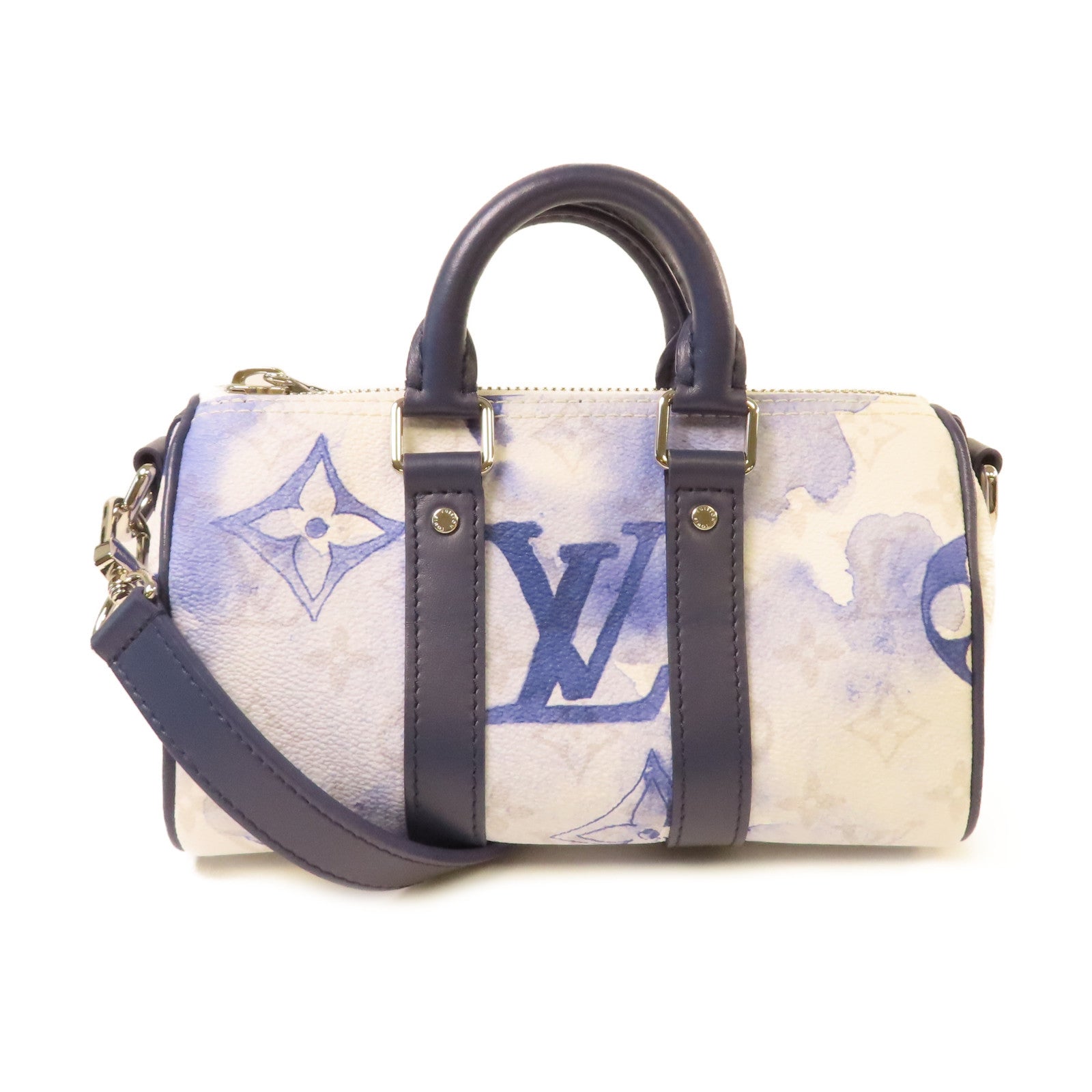 LOUIS VUITTON Monogram Watercolor Keepall XS 2Way Shoulder Bag銀扣手挽肩背兩用袋白色/藍色