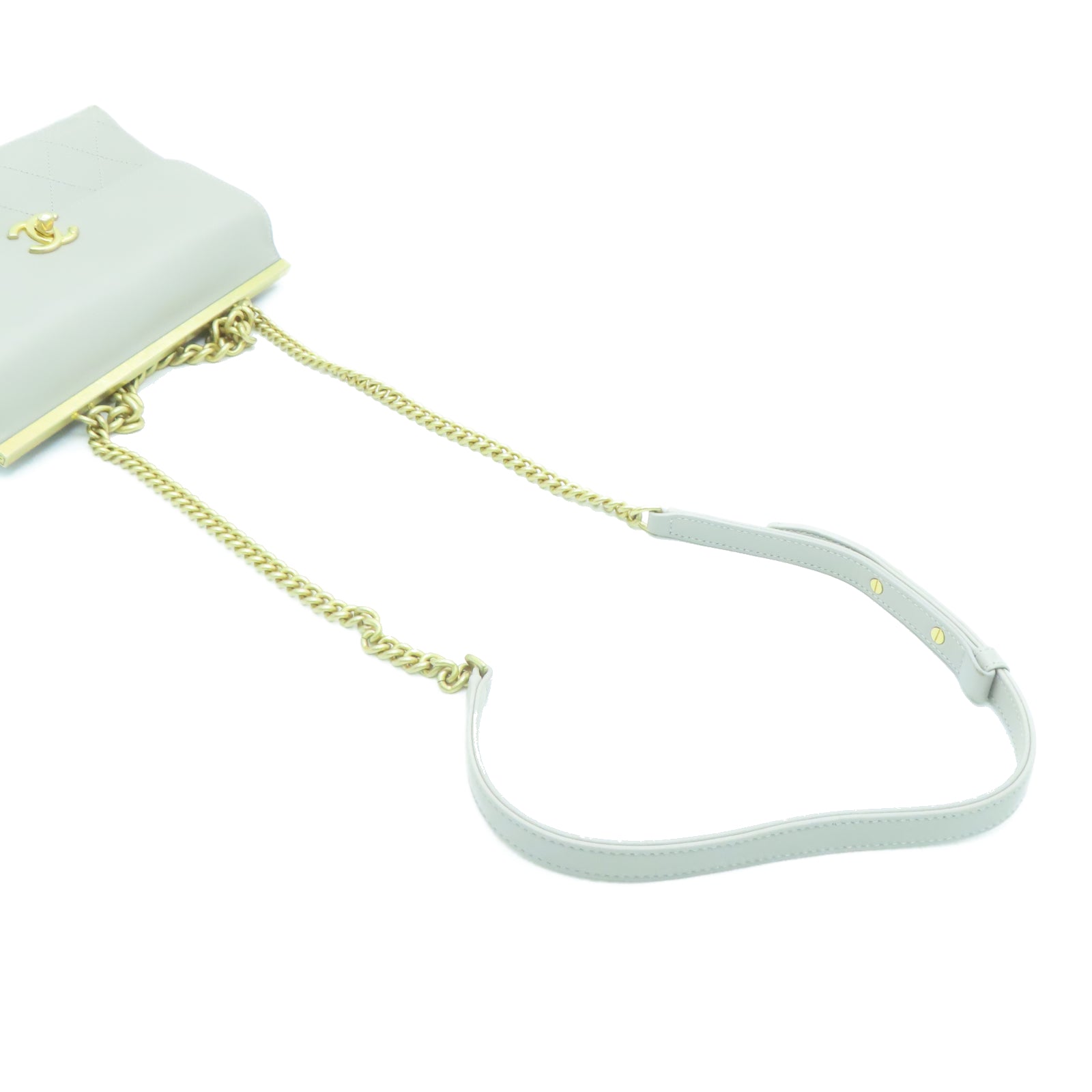 CHANEL 菱格牛皮皮革Chain Shoulder金扣鏈帶肩背袋灰色