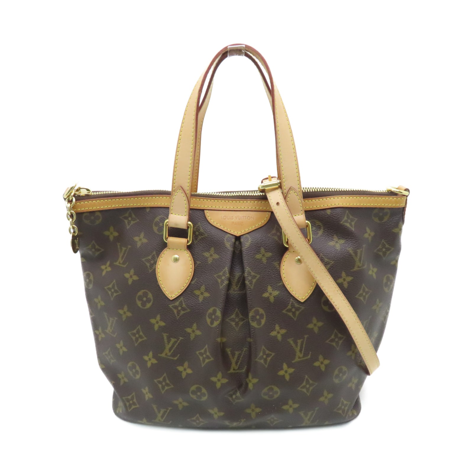 LOUIS VUITTON Monogram Palamo PM gold buckle handle shoulder bag brown