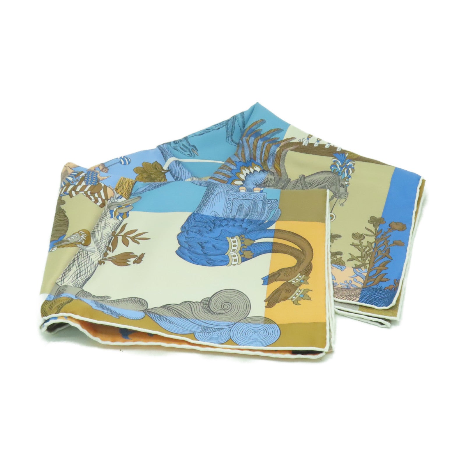 HERMES 絲質Scarf絲巾藍色/米色/彩色