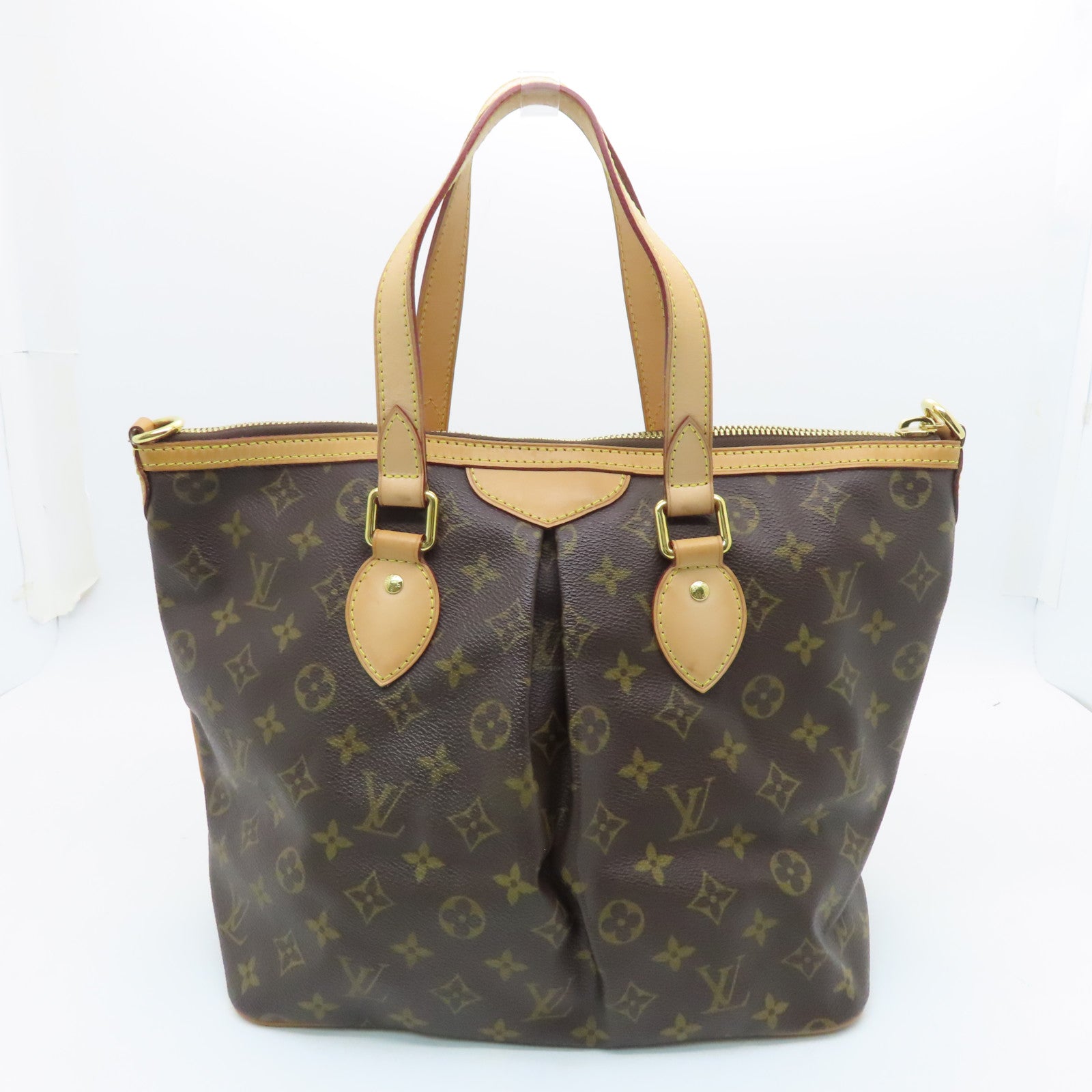 LOUIS VUITTON Monogram Palamo PM gold buckle handle shoulder bag brown