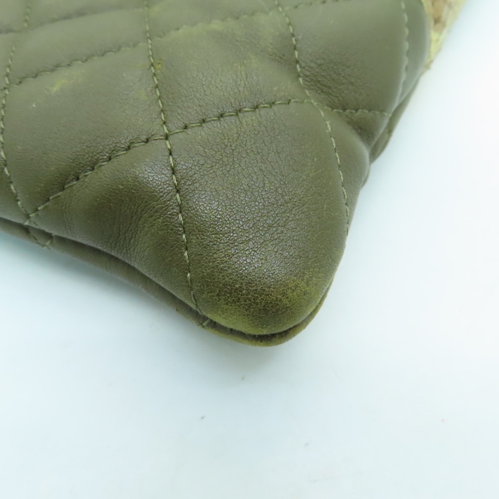 CHANEL rhombic cowhide leather / snakeskin leather Cambon Tote Bag silver buckle handle bag khaki