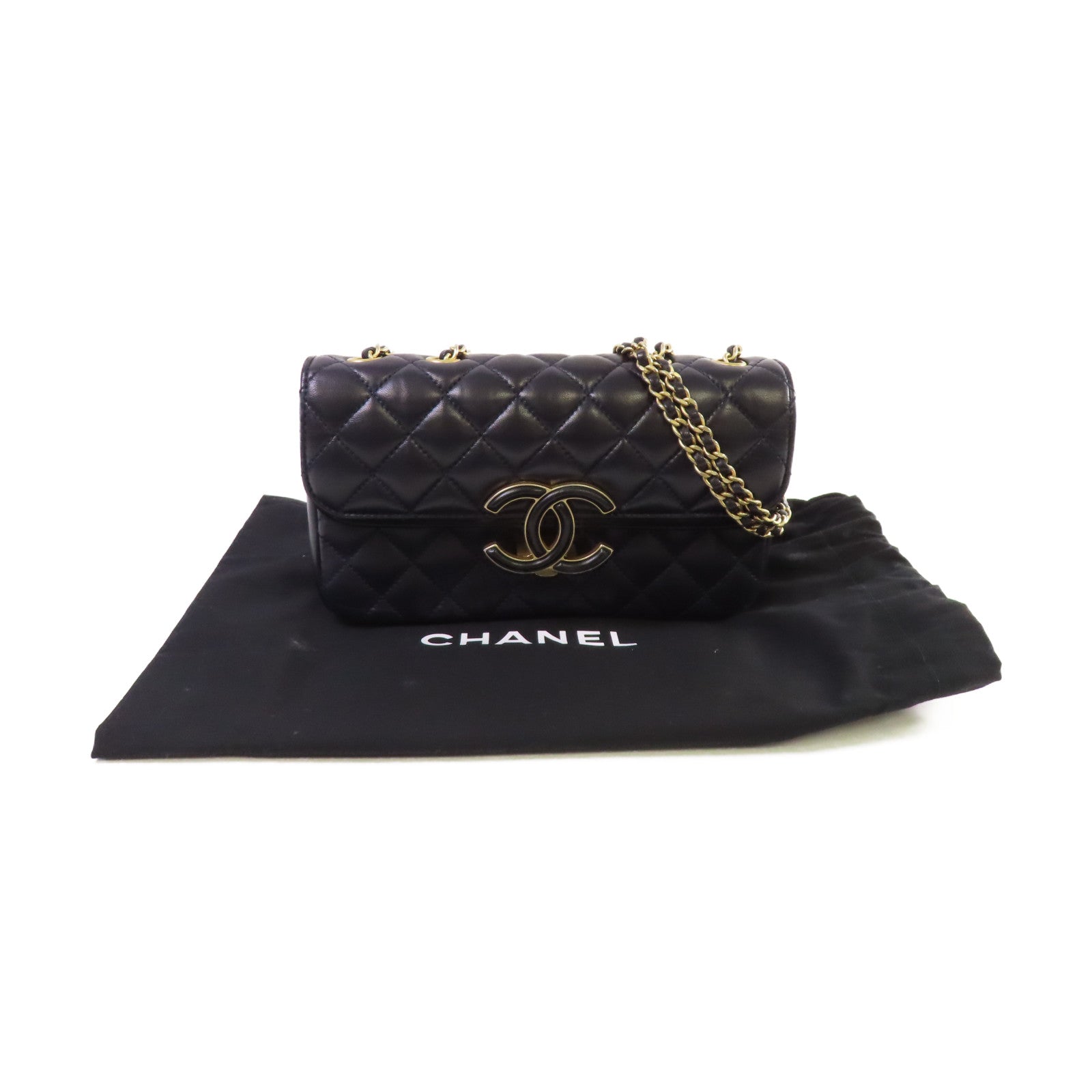 CHANEL 菱格羊皮皮革Chain Shoulder Bag金扣鏈帶肩背袋黑色