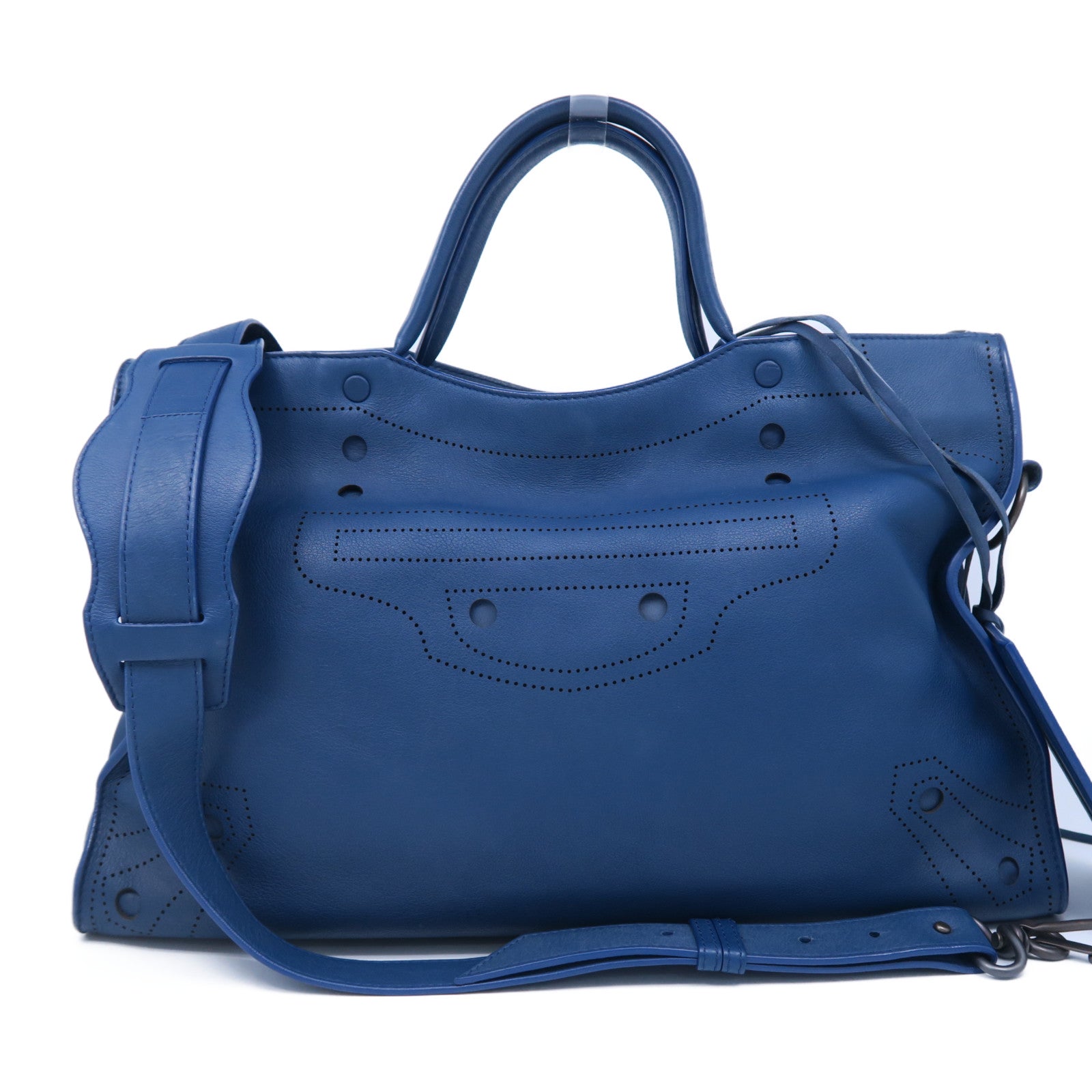 BALENCIAGA 牛皮皮革Blackout City黑扣手挽肩背两用袋蓝色