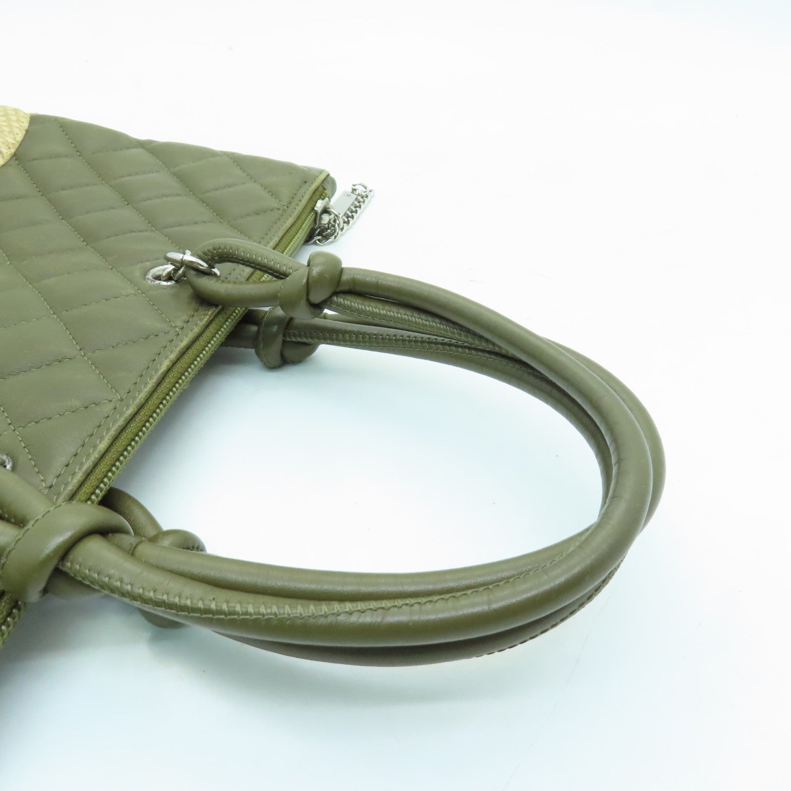 CHANEL rhombic cowhide leather / snakeskin leather Cambon Tote Bag silver buckle handle bag khaki